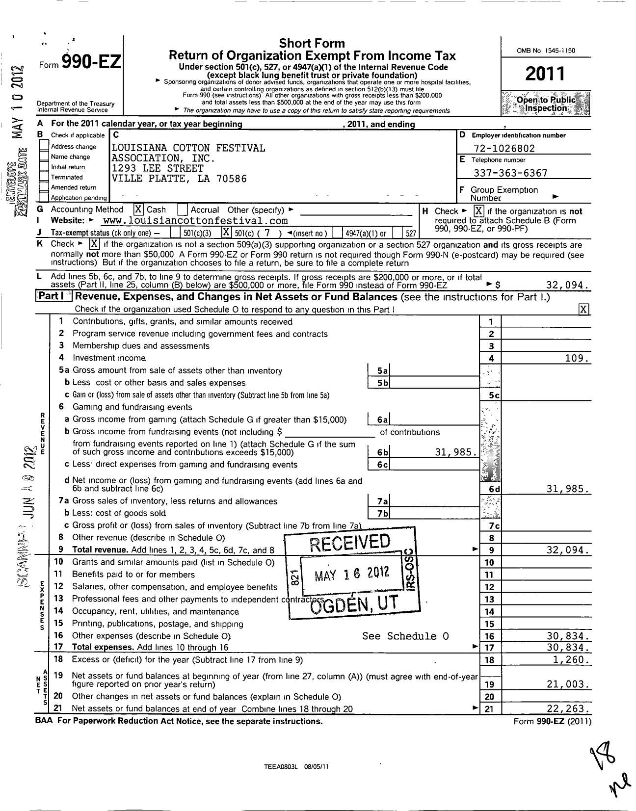 Image of first page of 2011 Form 990EO for Louisiana Cotton Festival Association Incorporated