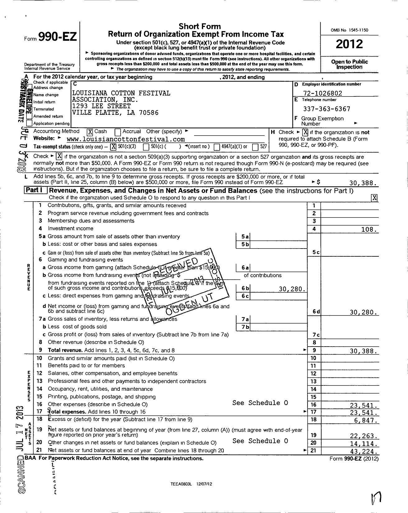 Image of first page of 2012 Form 990EZ for Louisiana Cotton Festival Association Incorporated