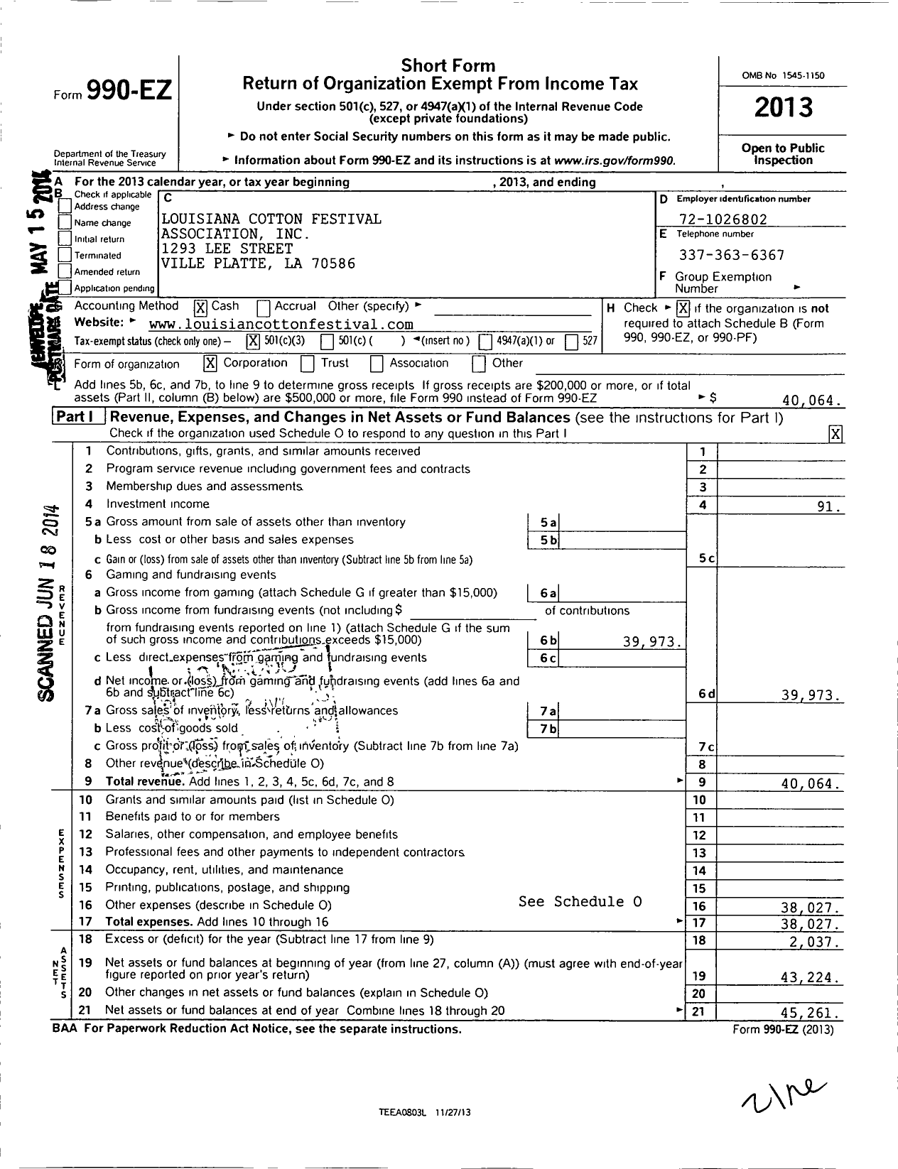 Image of first page of 2013 Form 990EZ for Louisiana Cotton Festival Association Incorporated