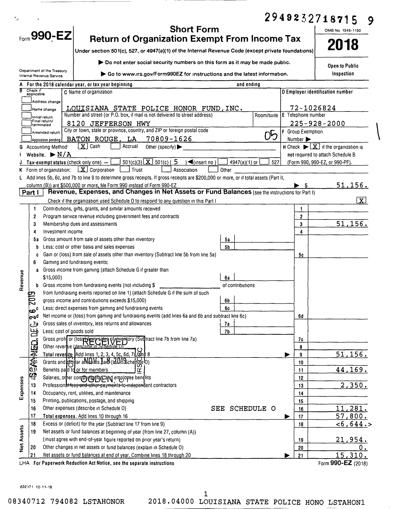 Image of first page of 2018 Form 990EO for Louisiana State Police Honor Fund