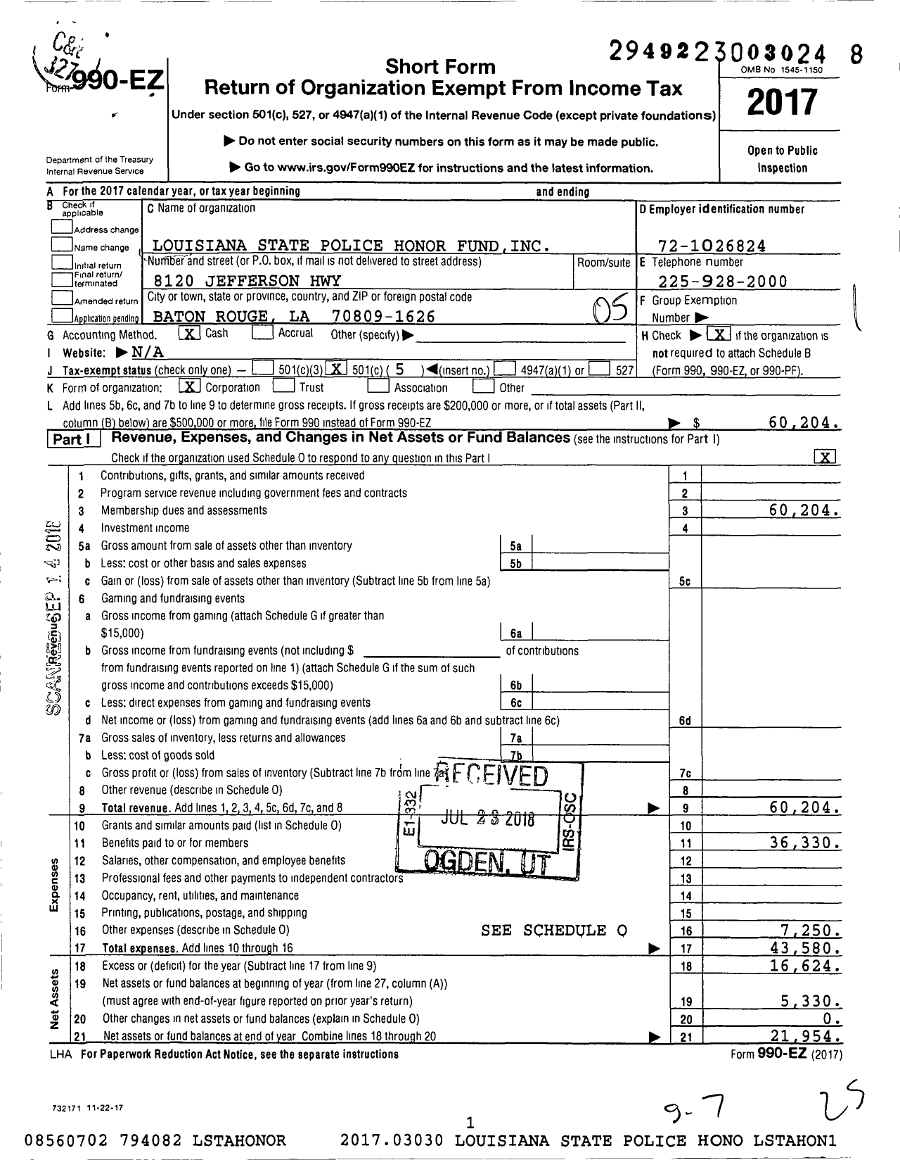 Image of first page of 2017 Form 990EO for Louisiana State Police Honor Fund