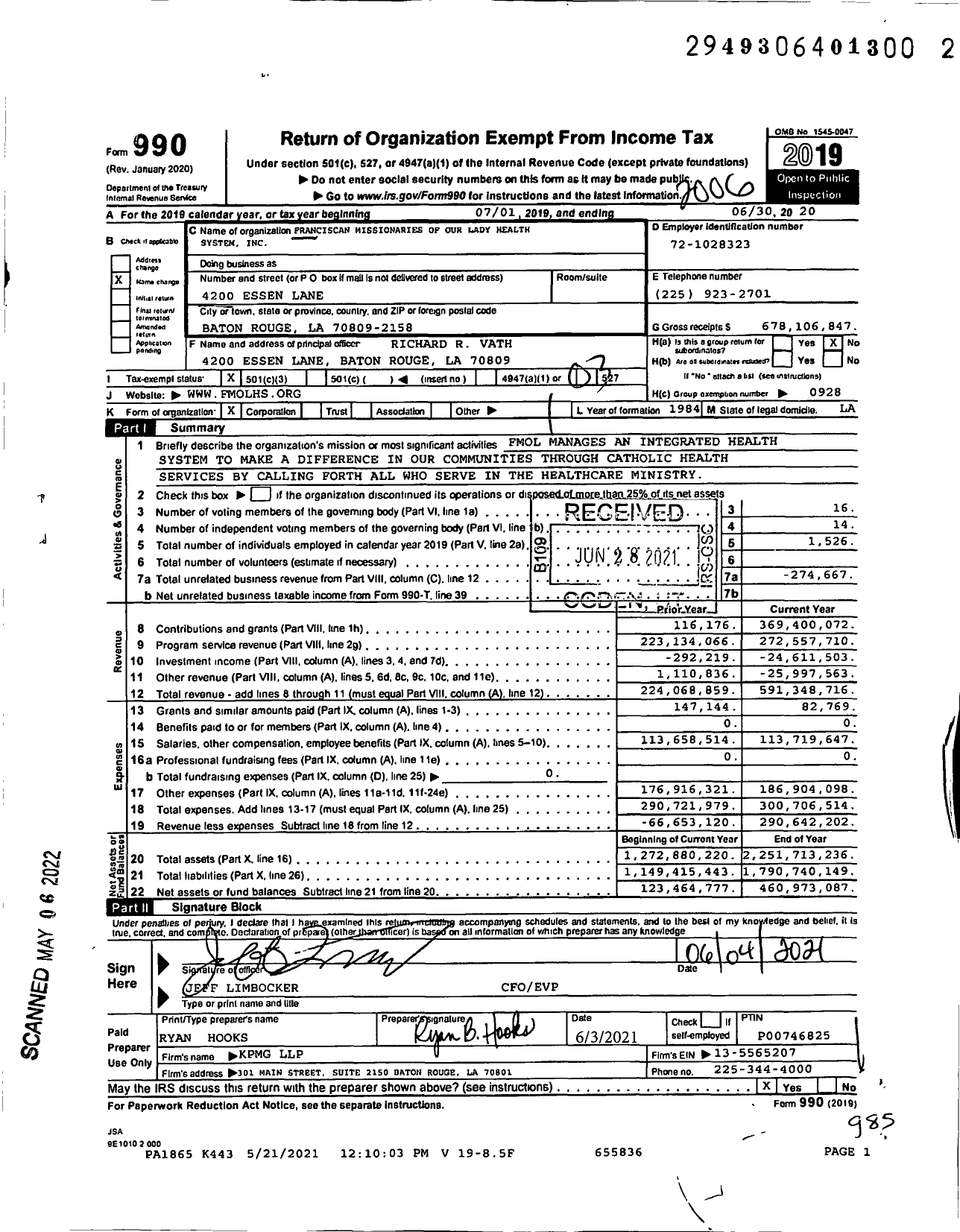 Image of first page of 2019 Form 990 for Franciscan Missionaries of Our Lady Health System
