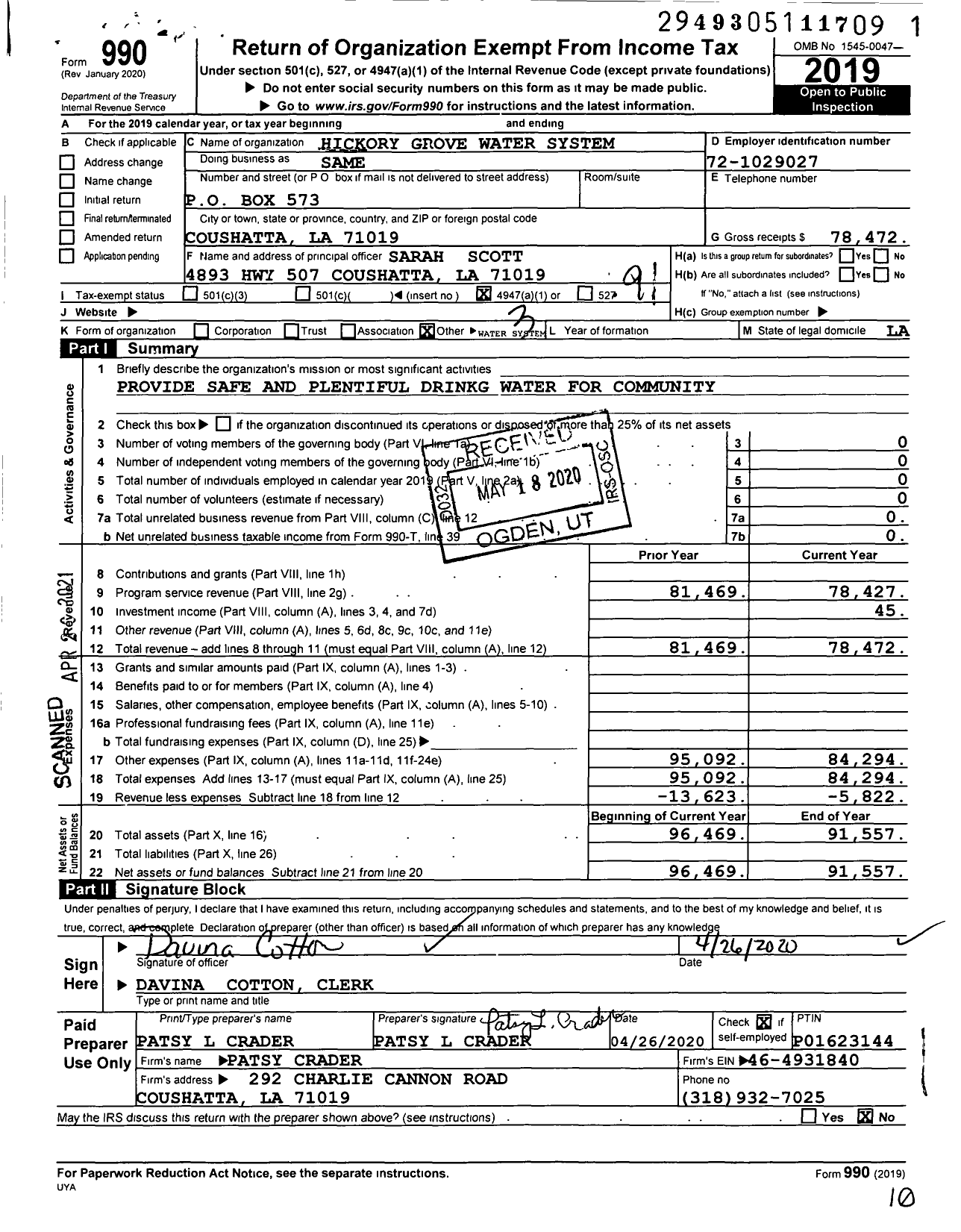 Image of first page of 2019 Form 990O for Hickory Grove Water System Same