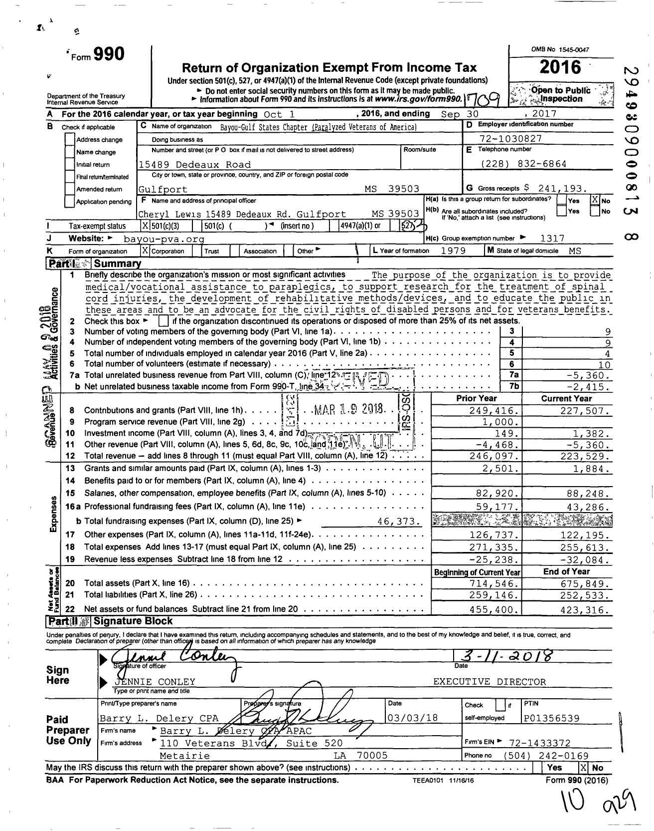 Image of first page of 2016 Form 990 for Paralyzed Veterans of America
