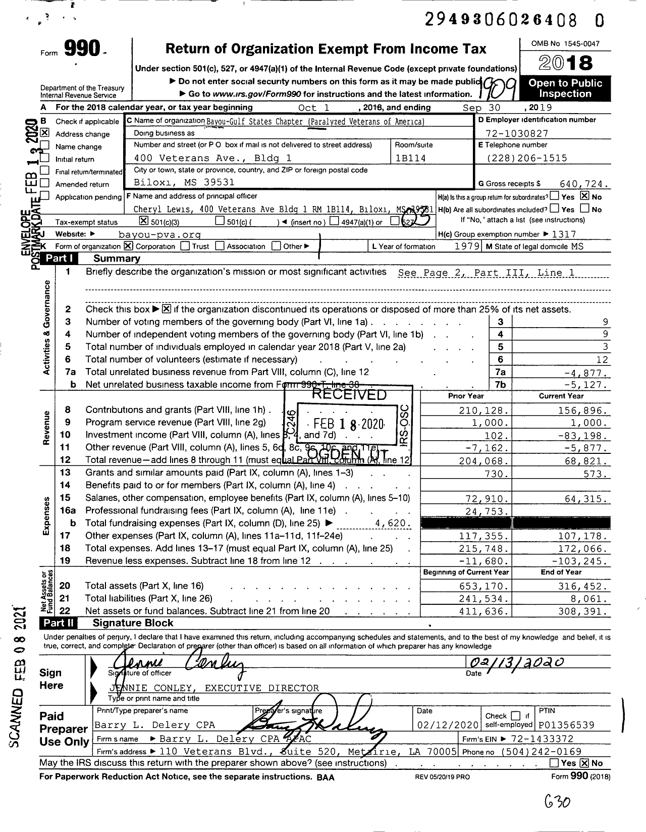 Image of first page of 2018 Form 990 for Paralyzed Veterans of America