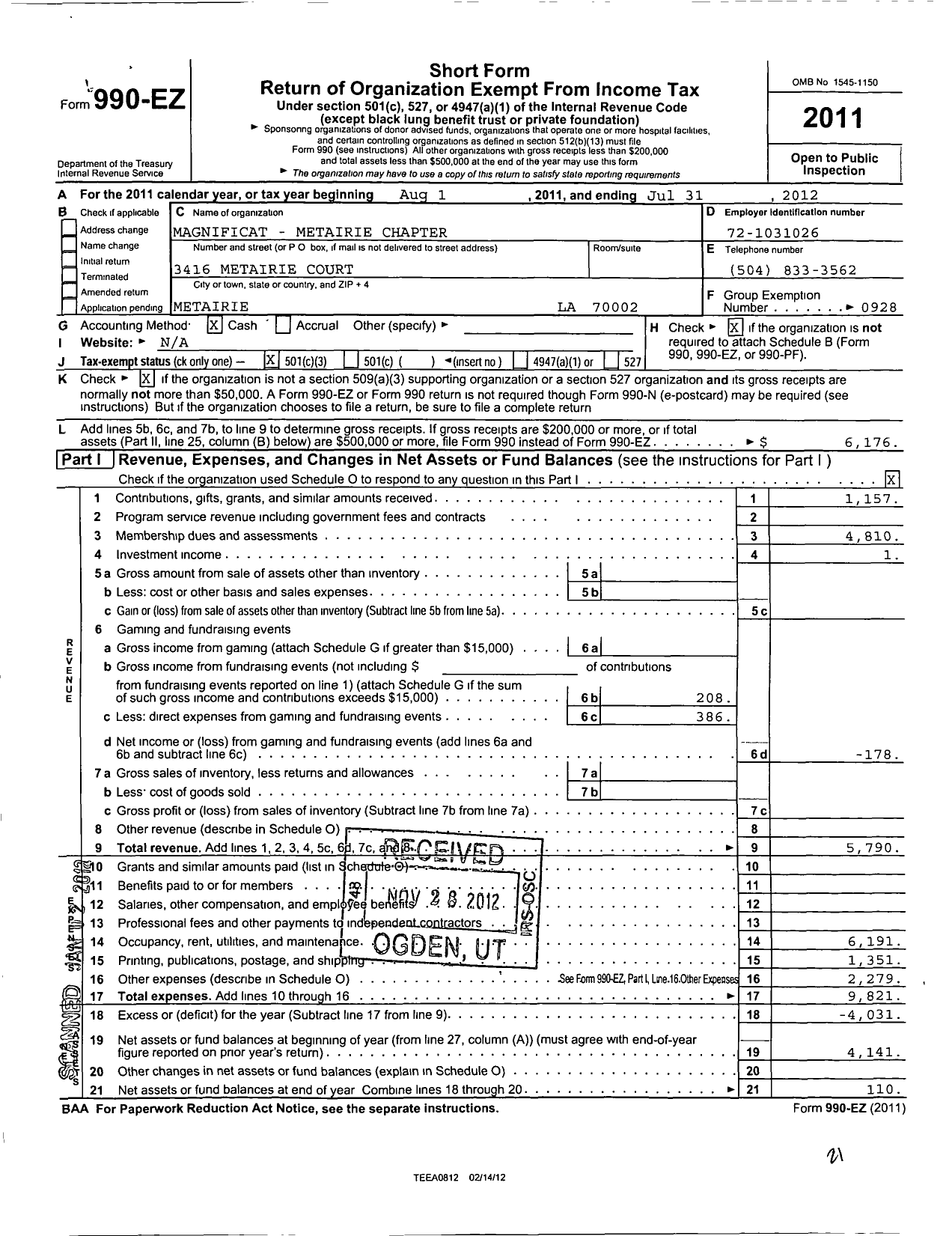 Image of first page of 2011 Form 990EZ for Magnificat Metairie