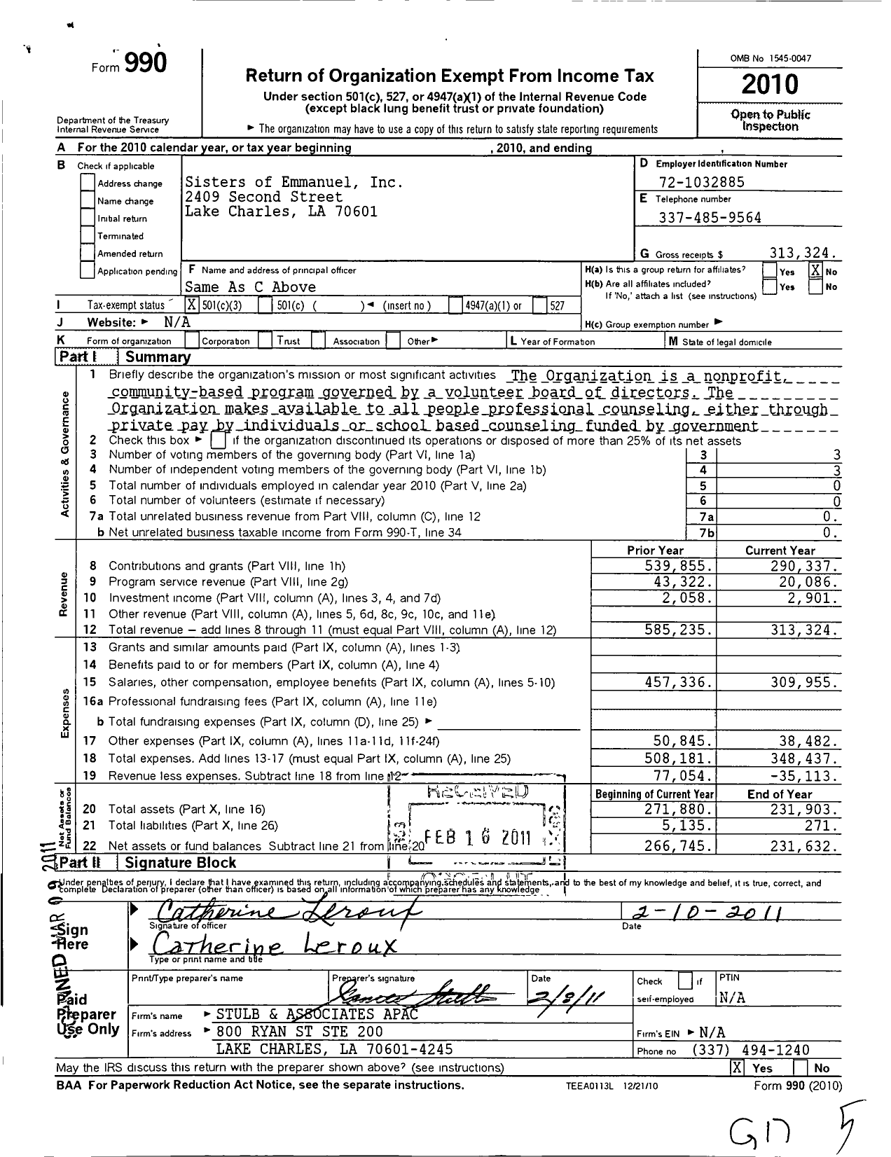 Image of first page of 2010 Form 990 for Sisters of Emmanuel