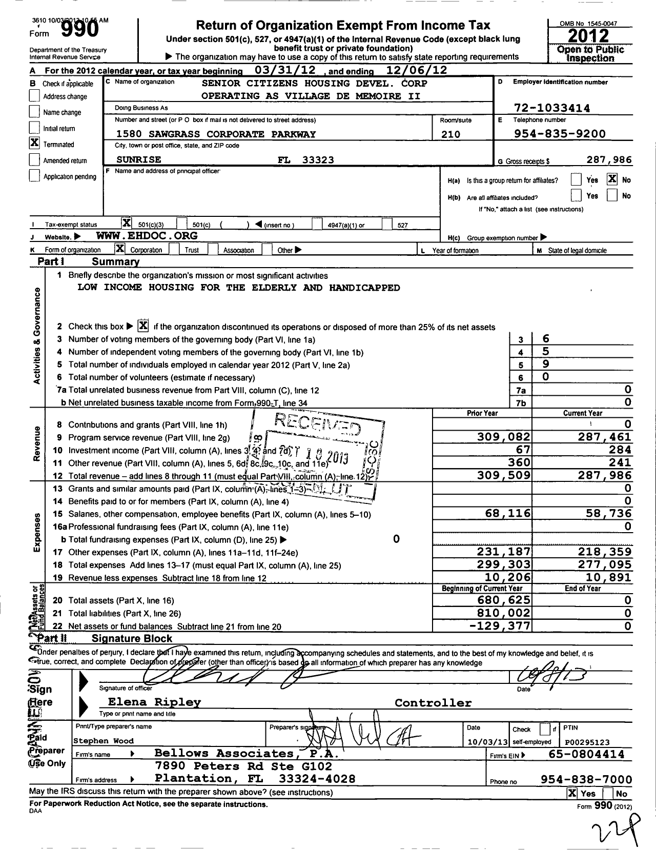 Image of first page of 2012 Form 990 for Senior Citizens Housing Devel Corp Operating As Village de Memoire Ii