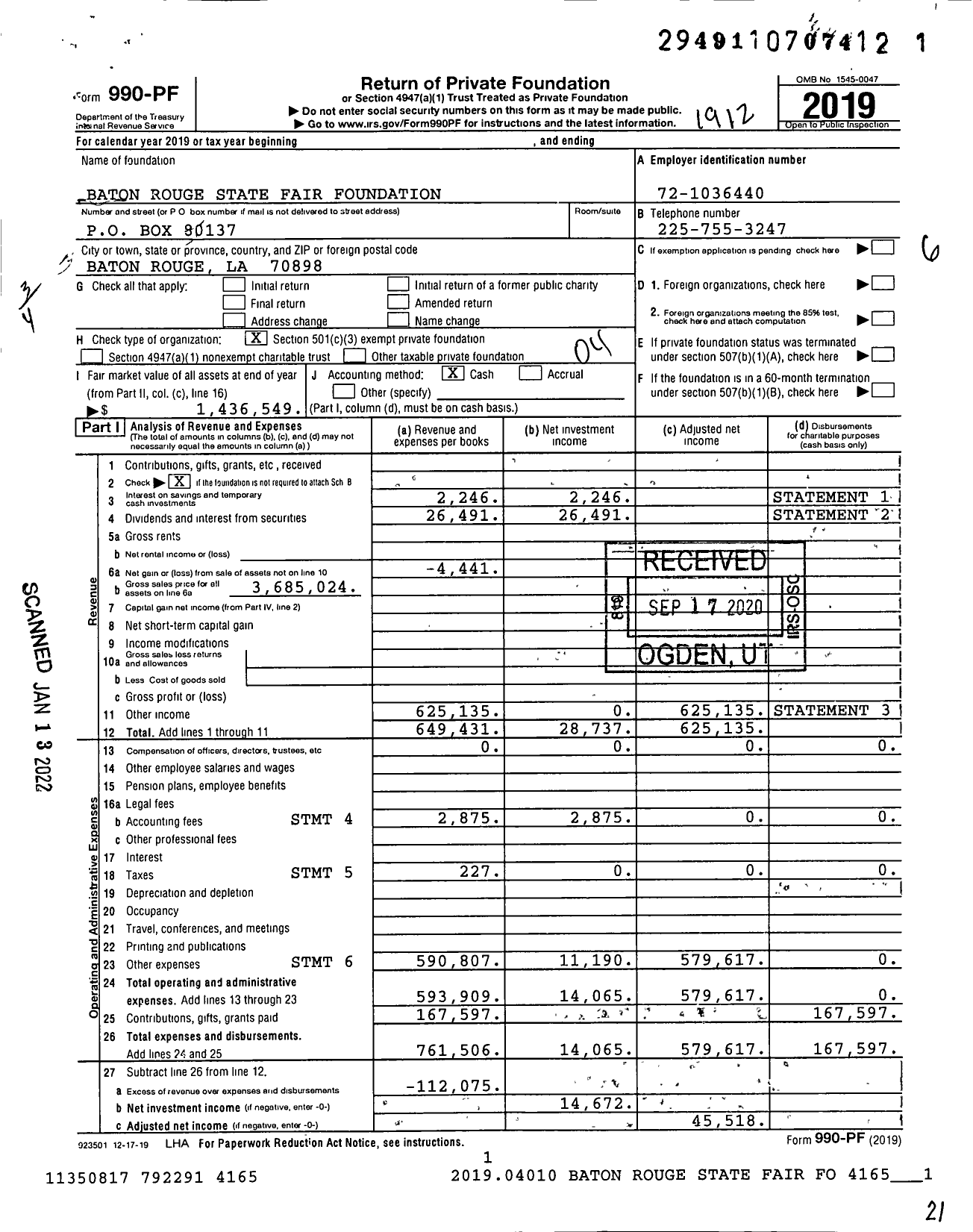 Image of first page of 2019 Form 990PF for Baton Rouge State Fair Foundation