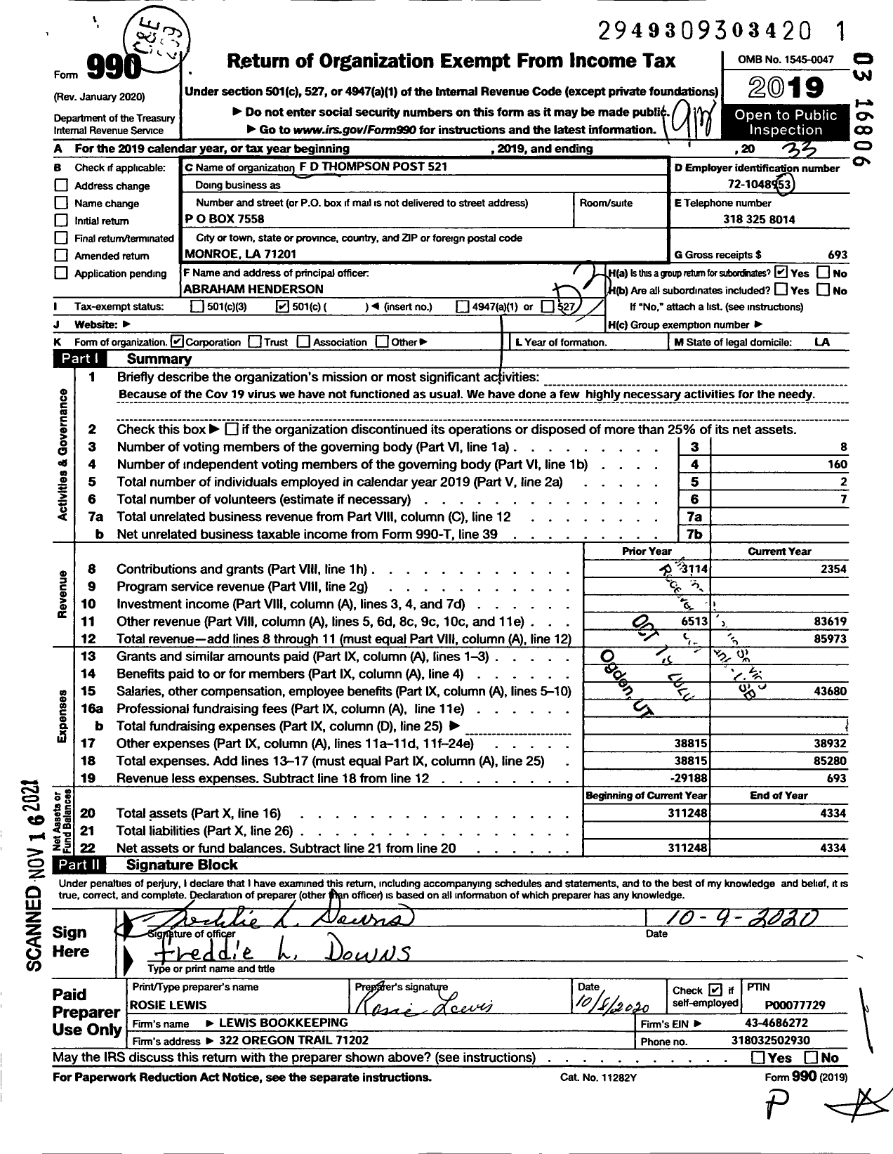 Image of first page of 2019 Form 990 for American Legion - F D Thompson Post 521