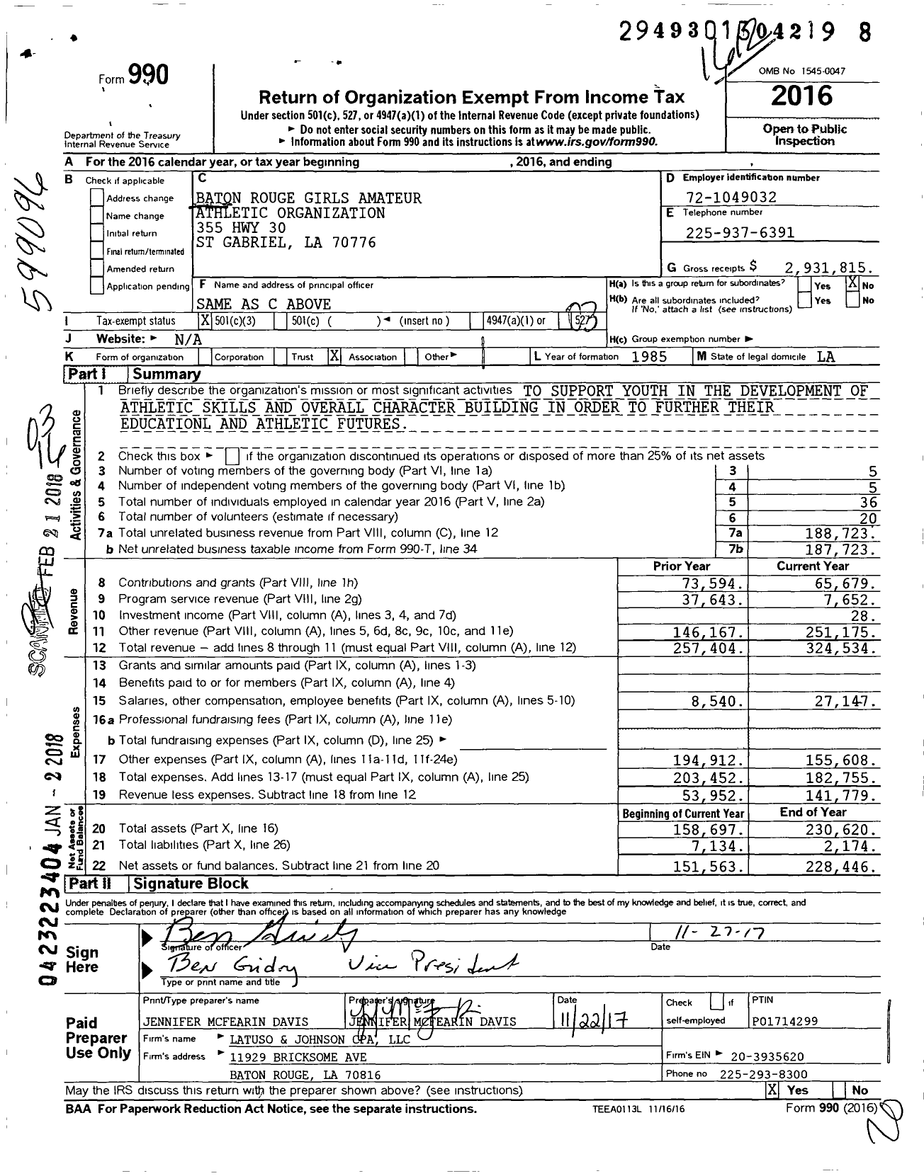 Image of first page of 2016 Form 990 for Baton Rouge Girls Amateur Athletic Organization