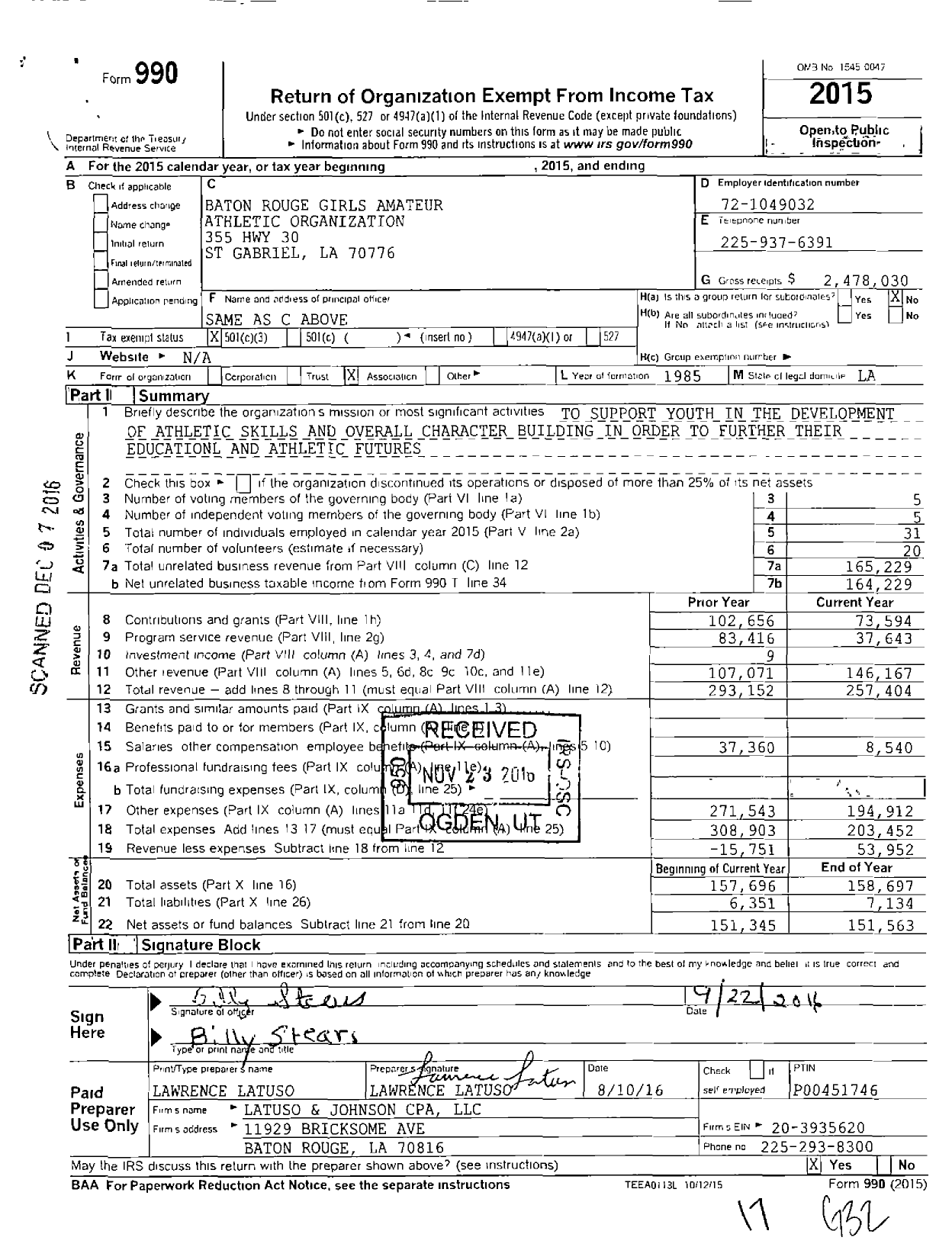 Image of first page of 2015 Form 990 for Baton Rouge Girls Amateur Athletic Organization