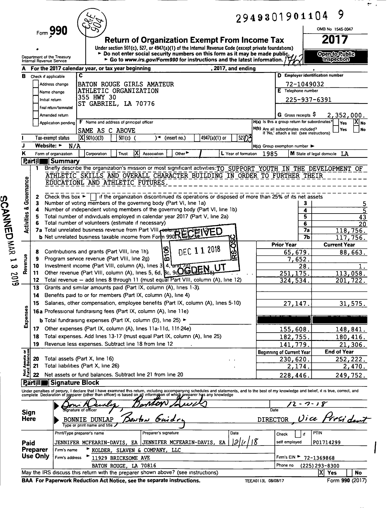 Image of first page of 2017 Form 990 for Baton Rouge Girls Amateur Athletic Organization