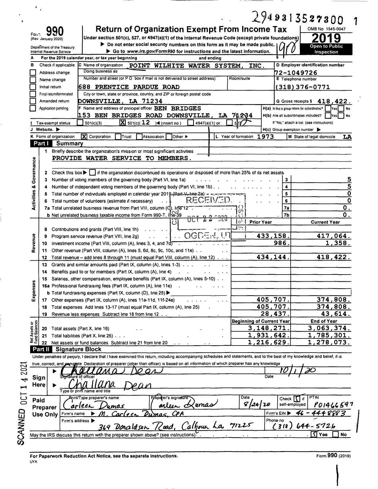 Image of first page of 2019 Form 990O for Point Wilhite Water System