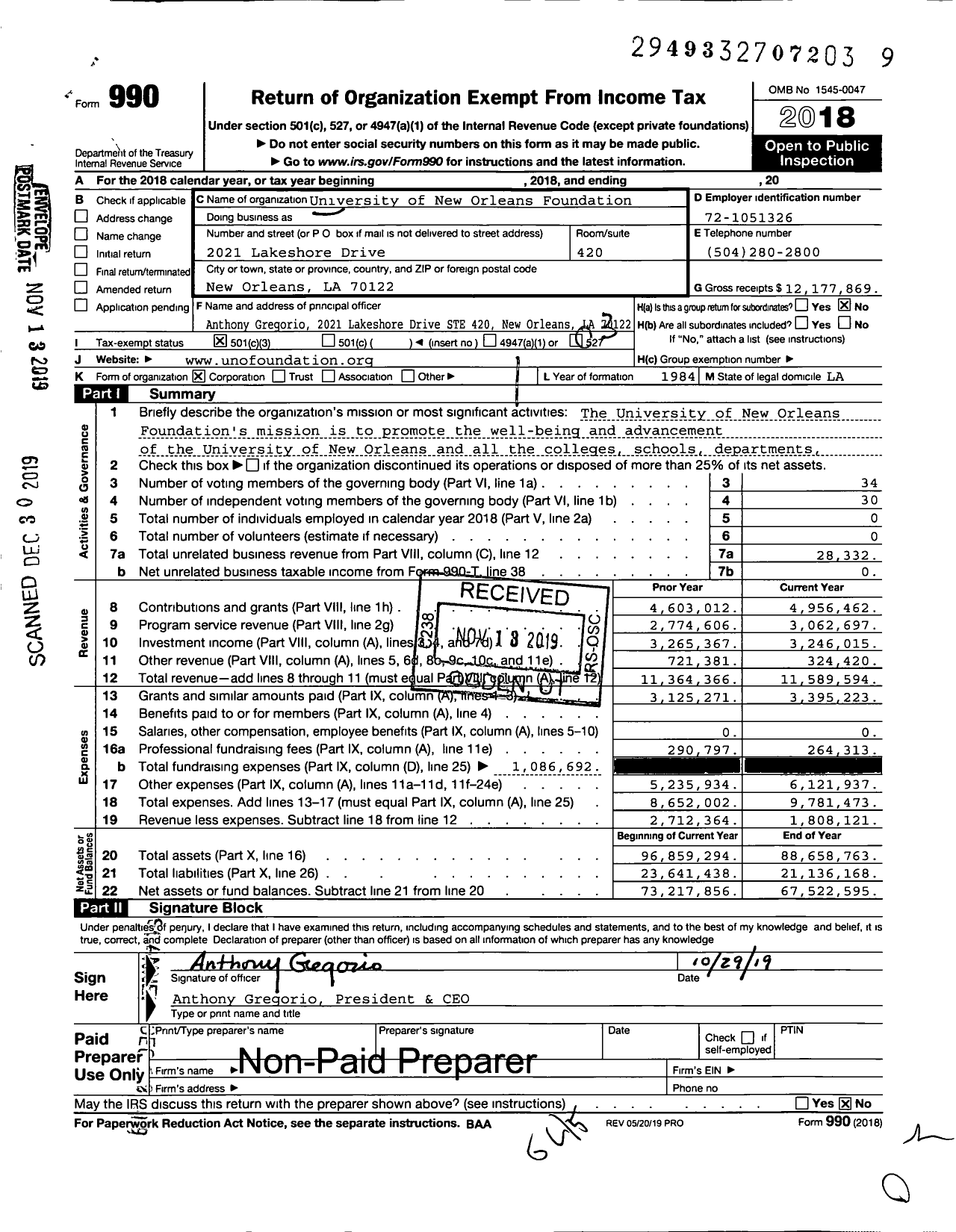 Image of first page of 2018 Form 990 for University of New Orleans Foundation