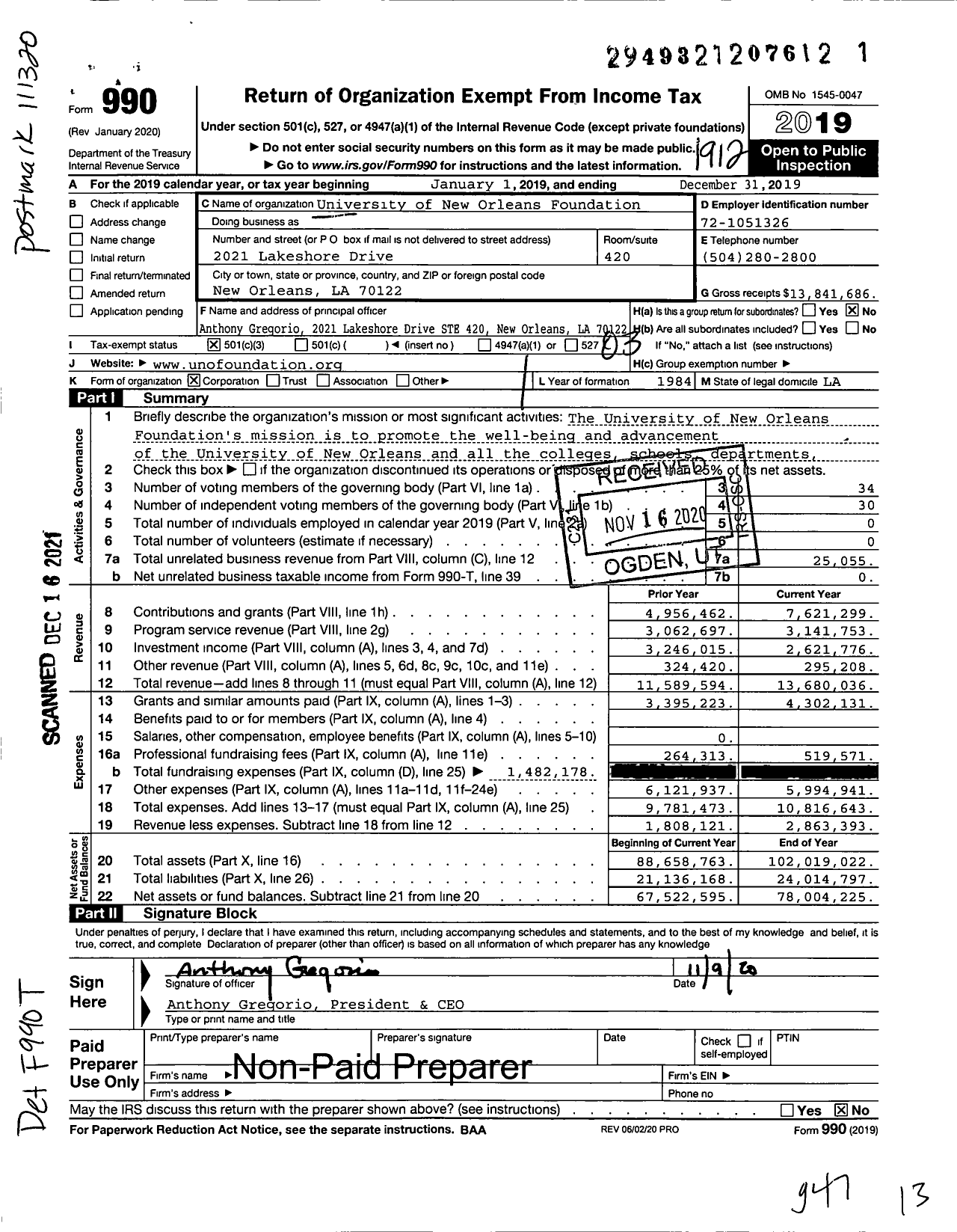 Image of first page of 2019 Form 990 for University of New Orleans Foundation