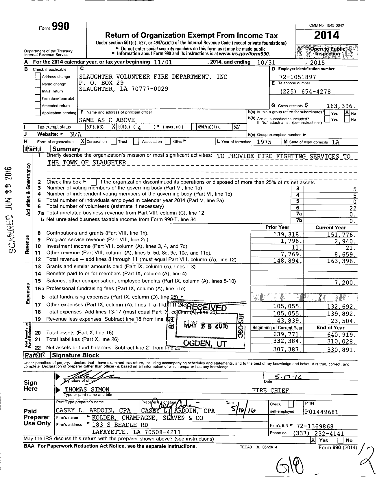 Image of first page of 2014 Form 990O for Slaughter Volunteer Fire Dept