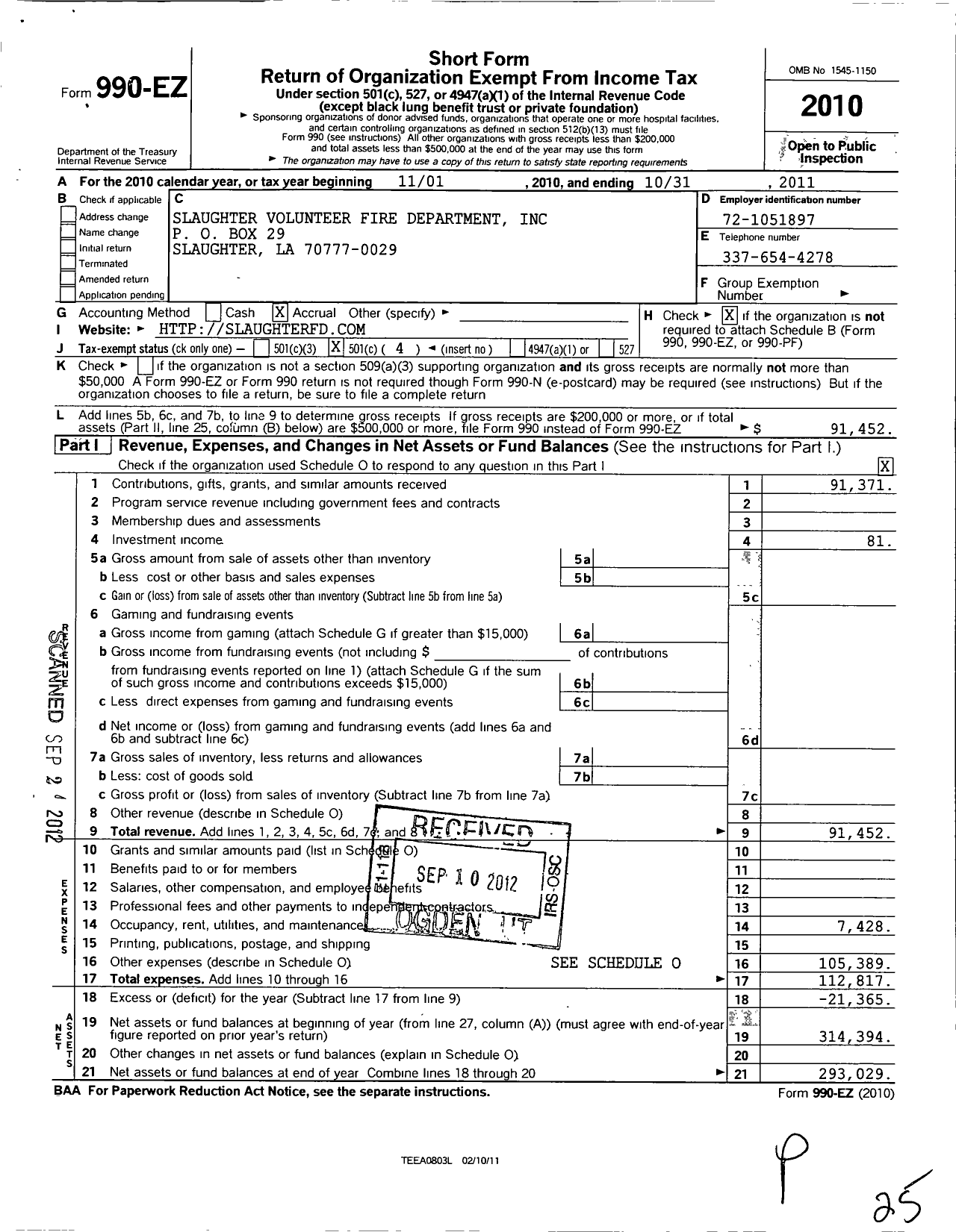 Image of first page of 2010 Form 990EO for Slaughter Volunteer Fire Dept