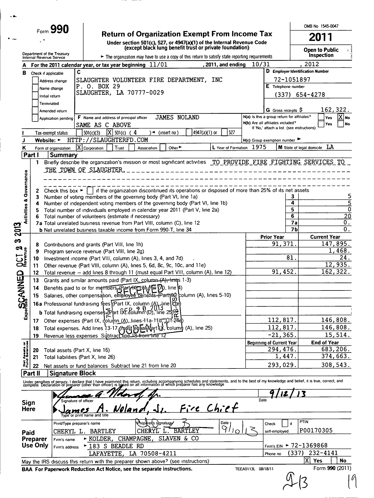 Image of first page of 2011 Form 990O for Slaughter Volunteer Fire Dept