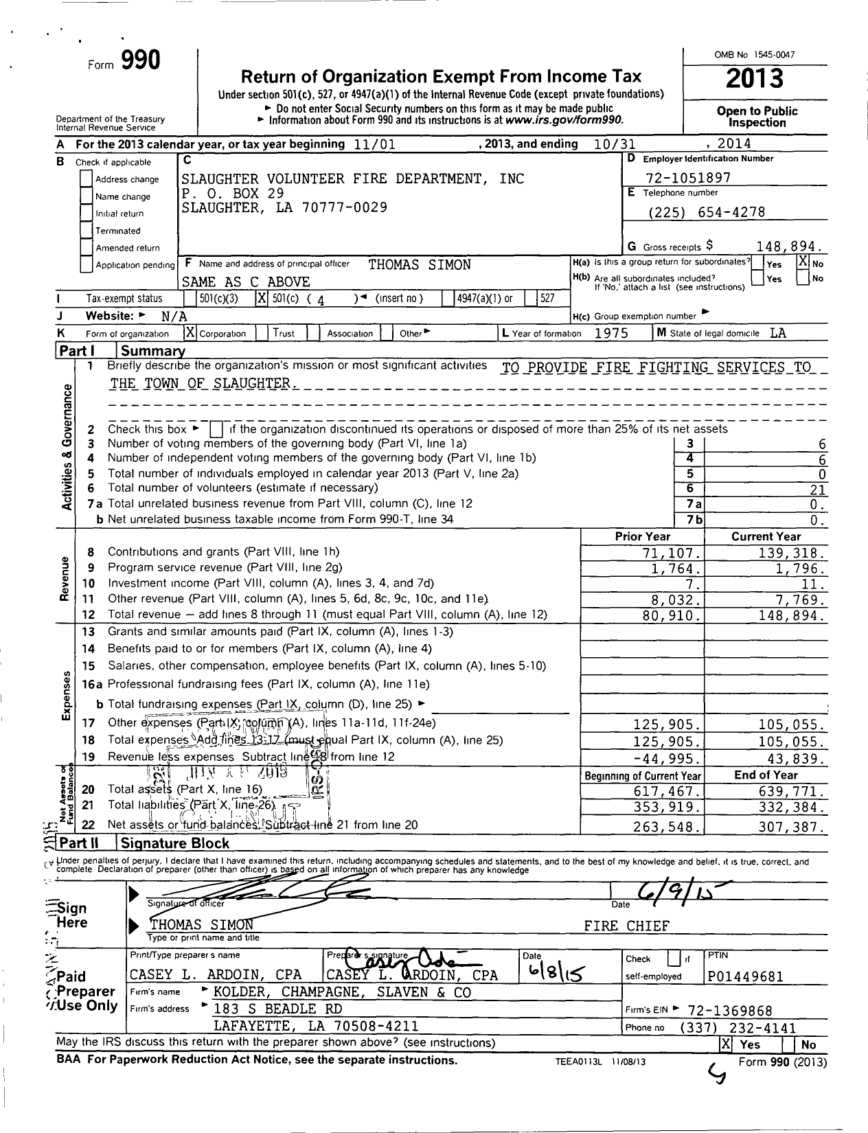 Image of first page of 2013 Form 990O for Slaughter Volunteer Fire Dept