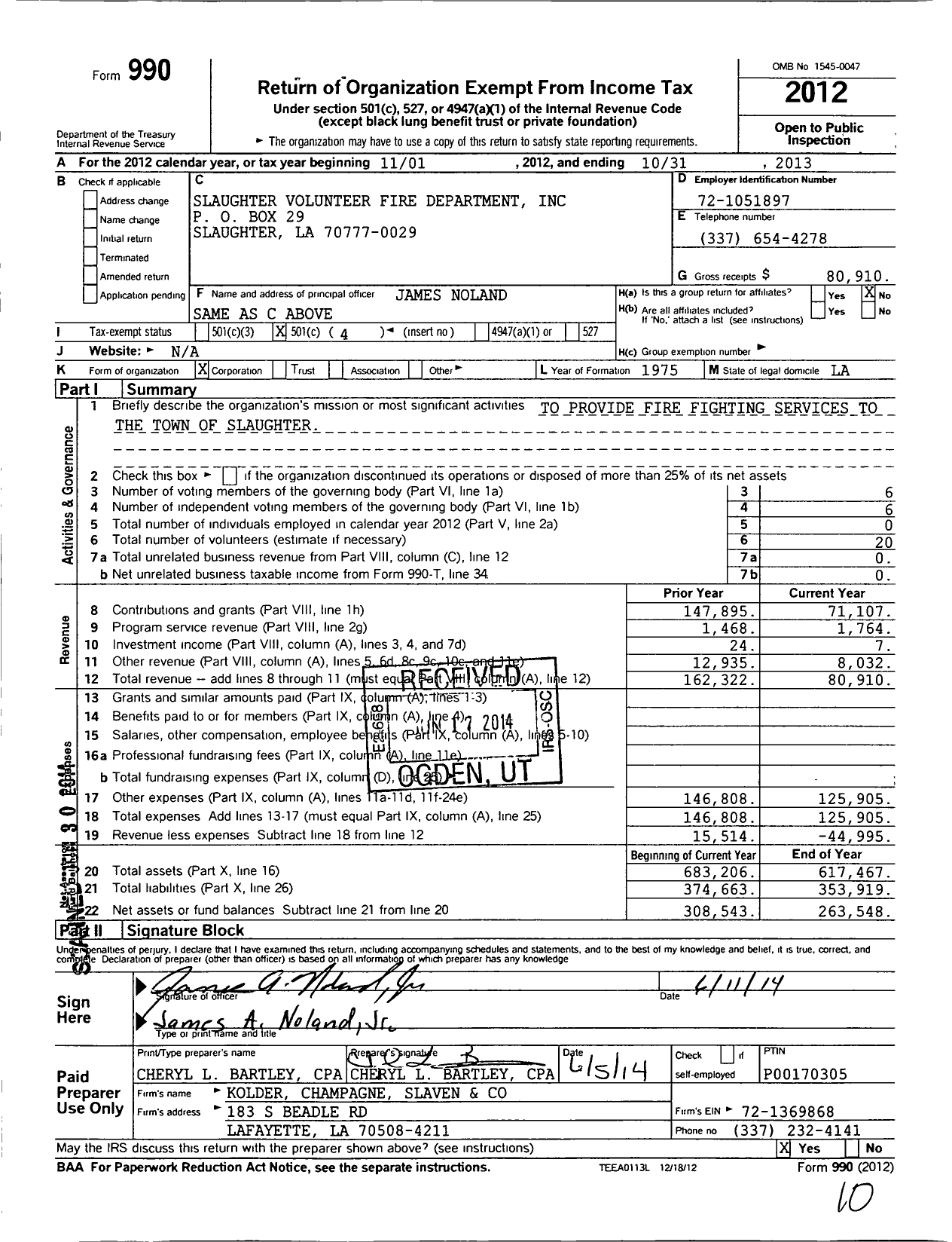 Image of first page of 2012 Form 990O for Slaughter Volunteer Fire Dept