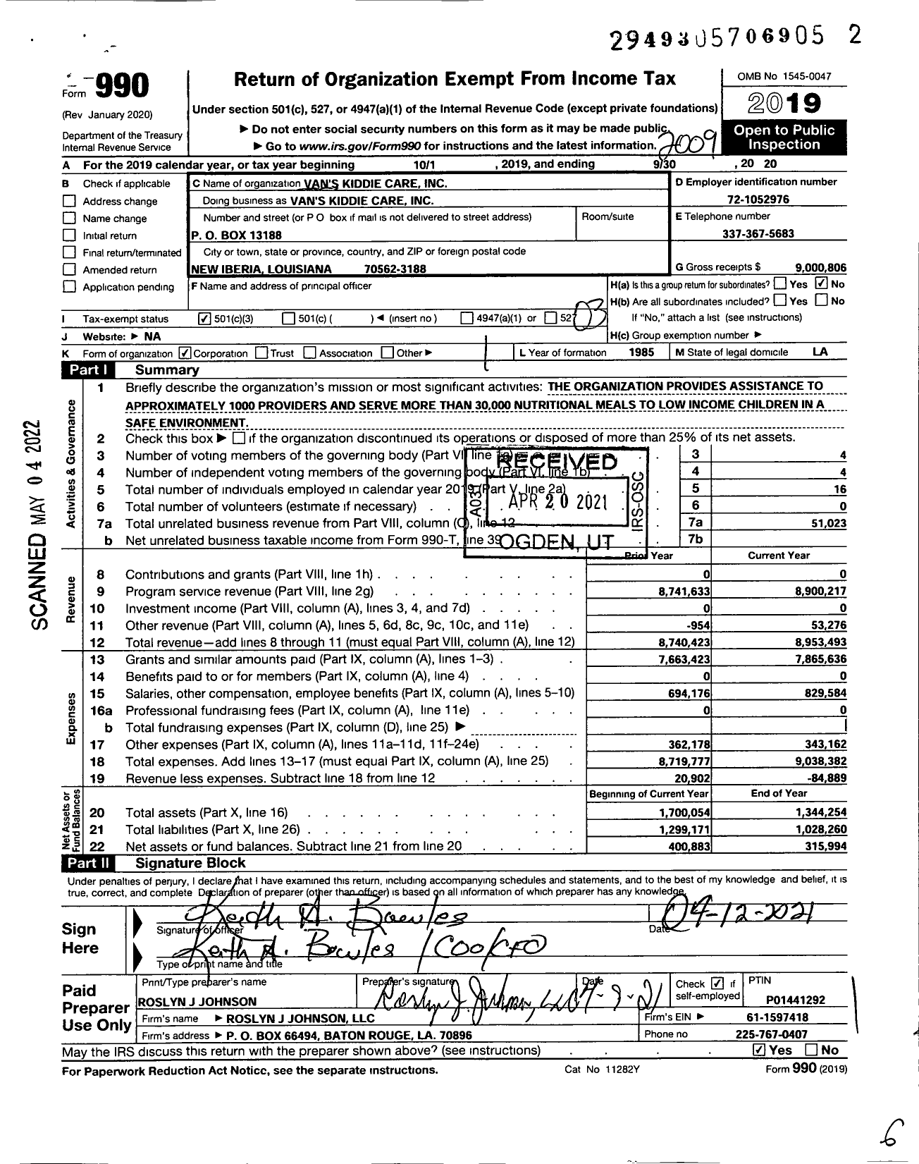 Image of first page of 2019 Form 990 for Vans Kiddie Care