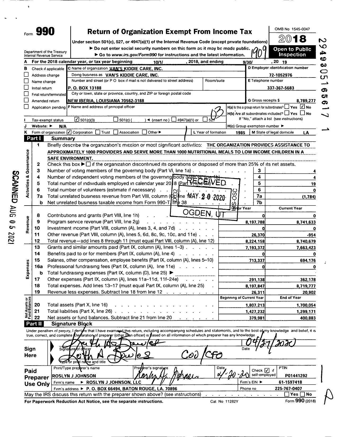 Image of first page of 2018 Form 990 for Vans Kiddie Care