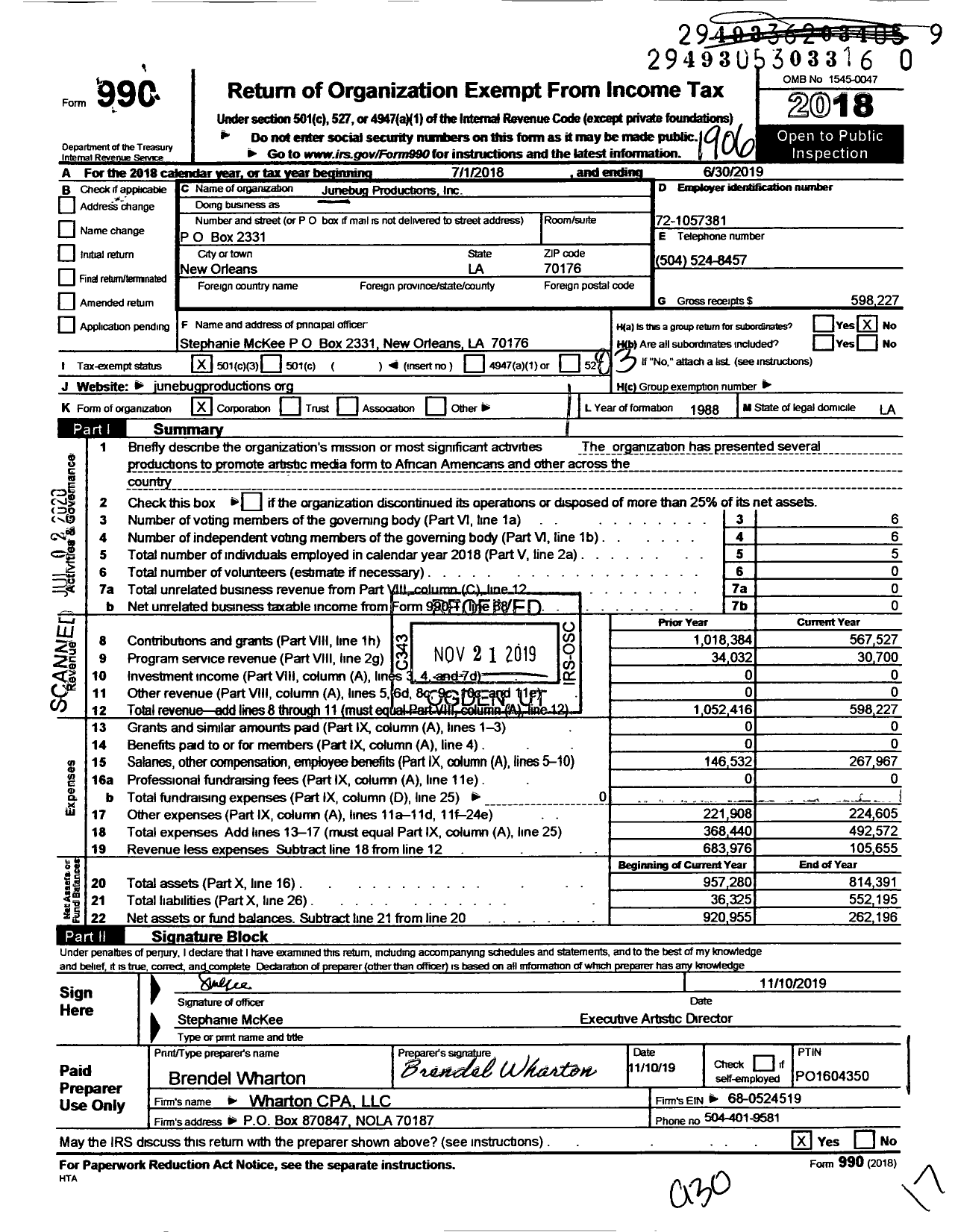 Image of first page of 2018 Form 990 for Junebug Productions