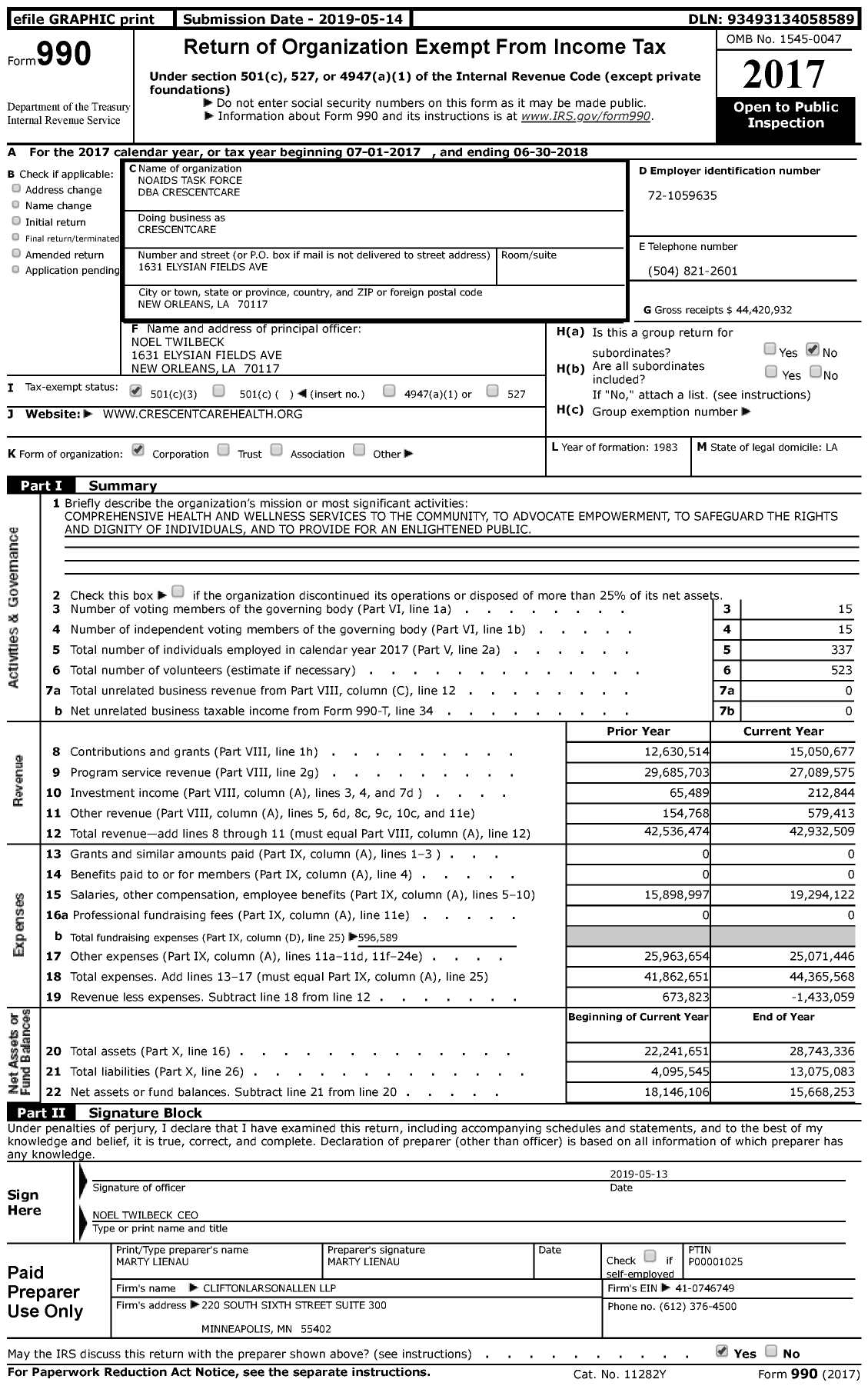 Image of first page of 2017 Form 990 for CrescentCare
