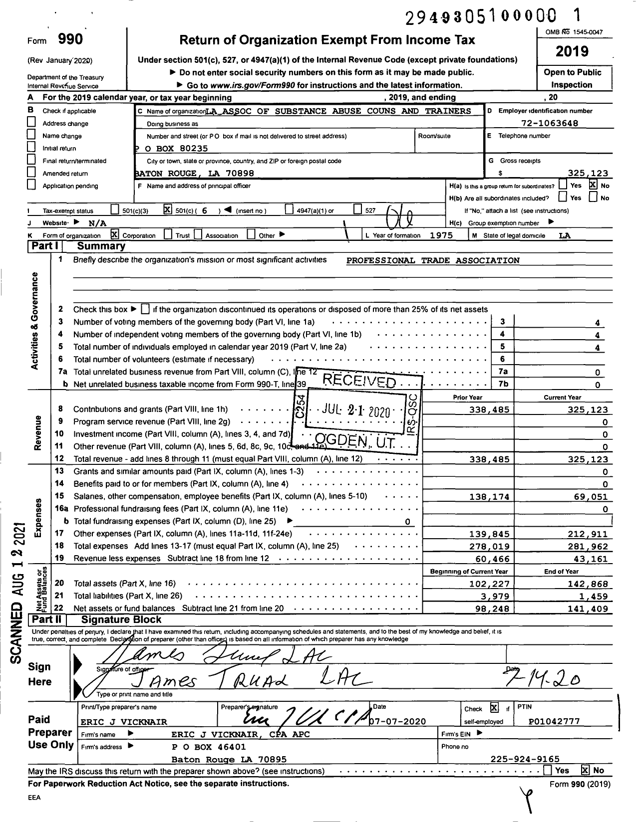 Image of first page of 2019 Form 990O for Louisiana Association of Substance Abuse Counselor