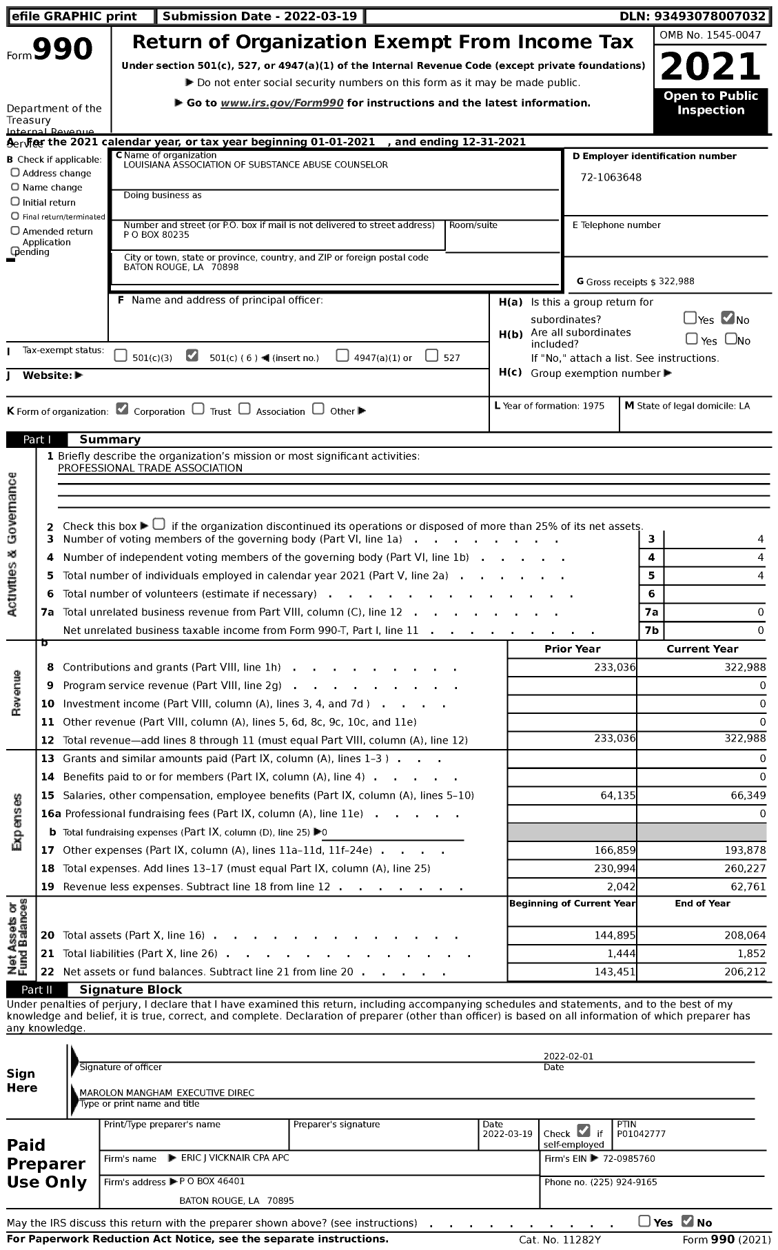 Image of first page of 2021 Form 990 for Louisiana Association of Substance Abuse Counselor