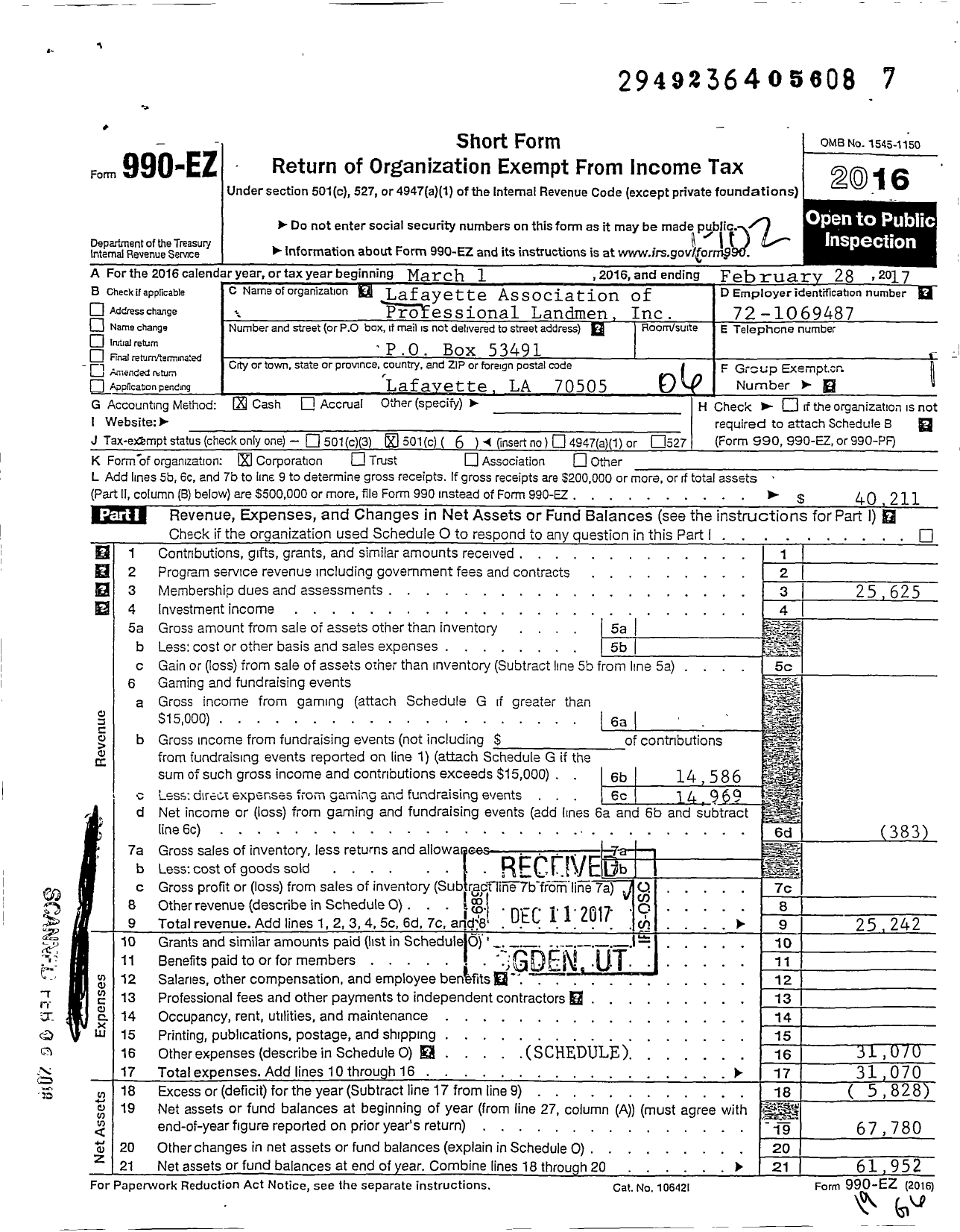 Image of first page of 2016 Form 990EO for Lafayette Association of Petroleum Landmen