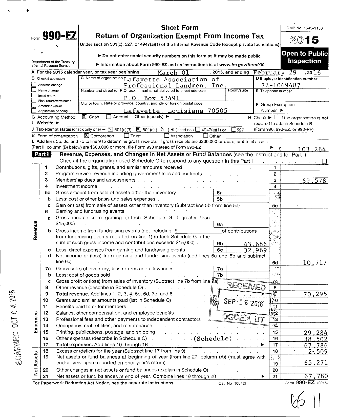 Image of first page of 2015 Form 990EO for Lafayette Association of Petroleum Landmen