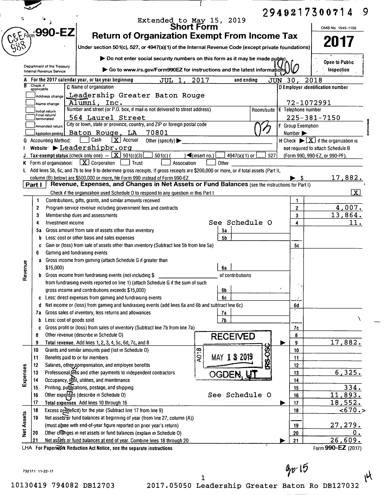 Image of first page of 2017 Form 990EZ for Leadership Greater Baton Rouge Alumni