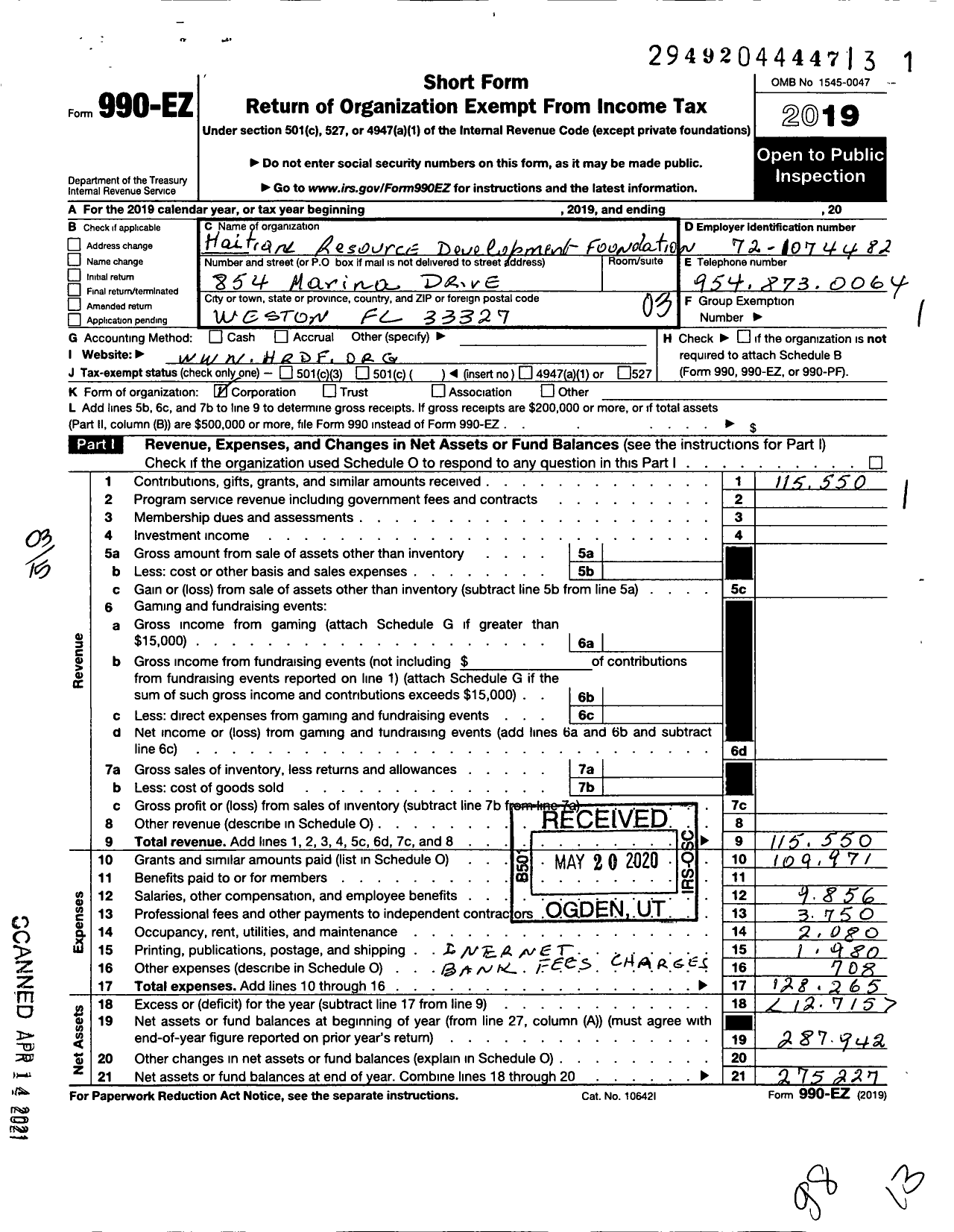 Image of first page of 2019 Form 990EZ for Haitian Resource Development Foundation