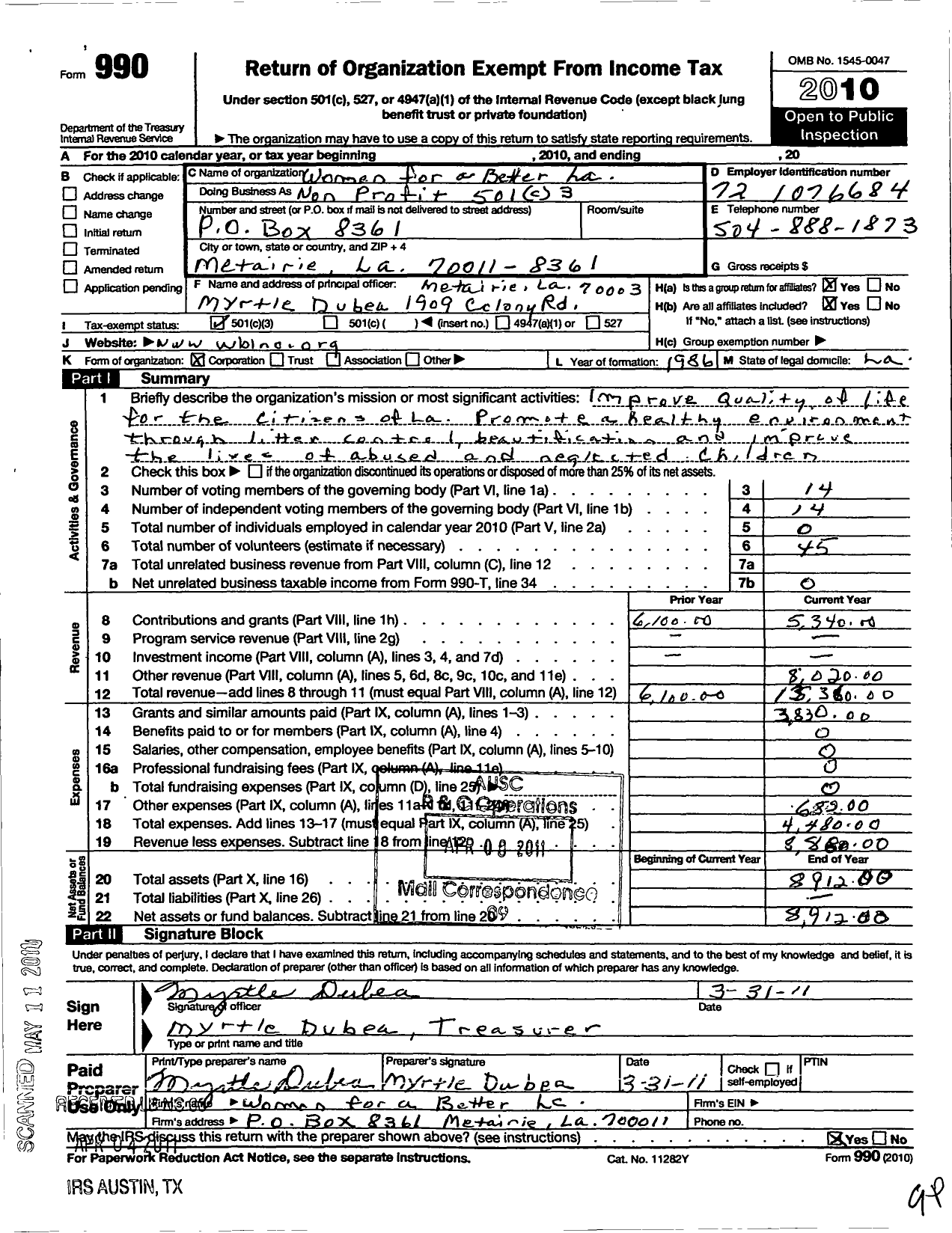 Image of first page of 2010 Form 990 for Women for A Better Louisiana