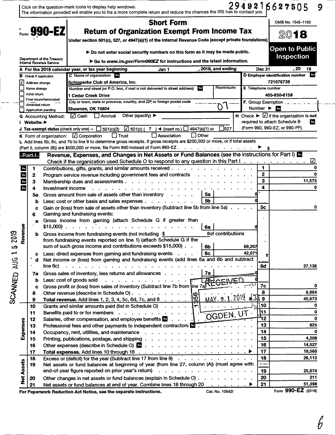 Image of first page of 2018 Form 990EO for Schipperke Club of America