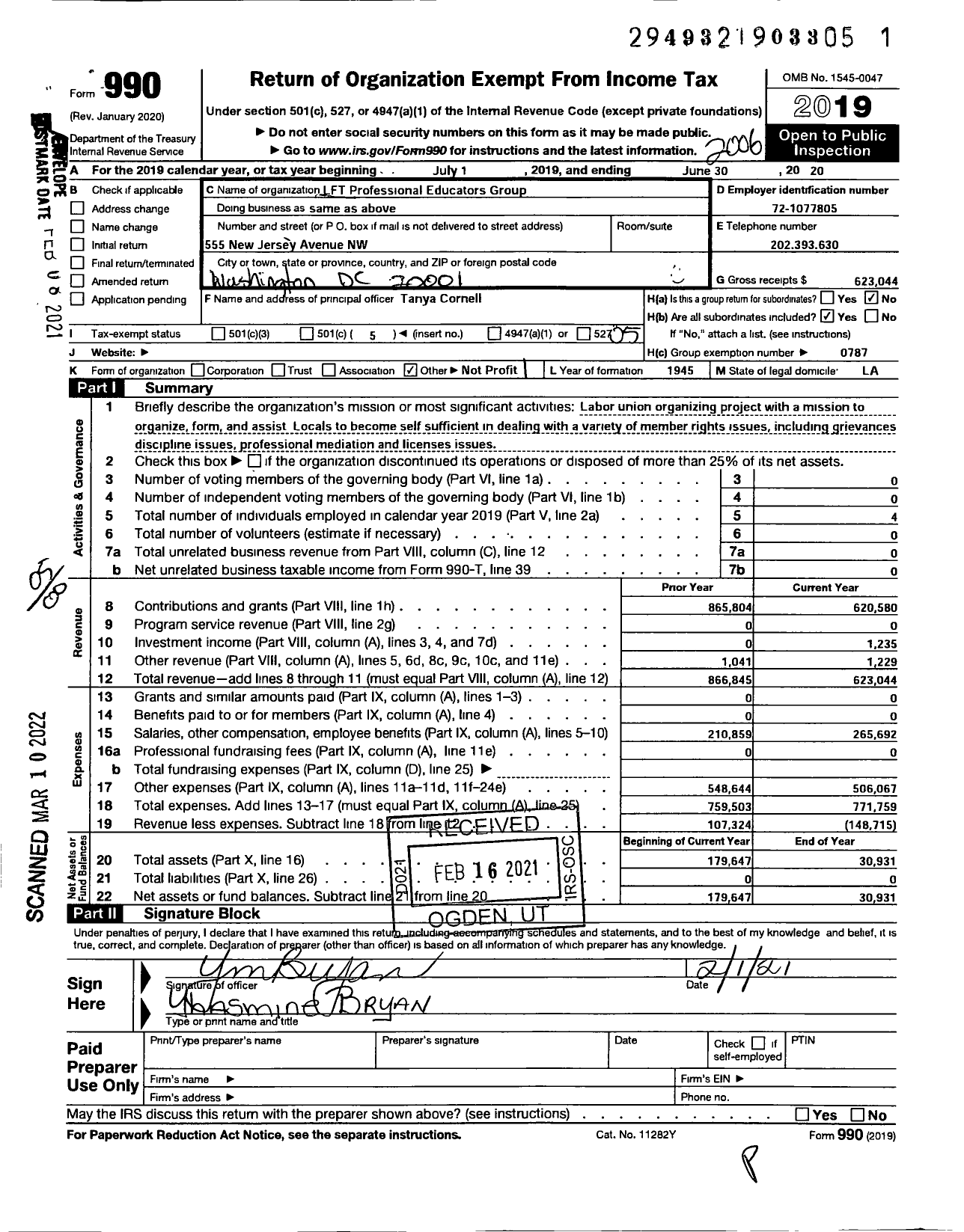 Image of first page of 2019 Form 990O for American Federation of Teachers