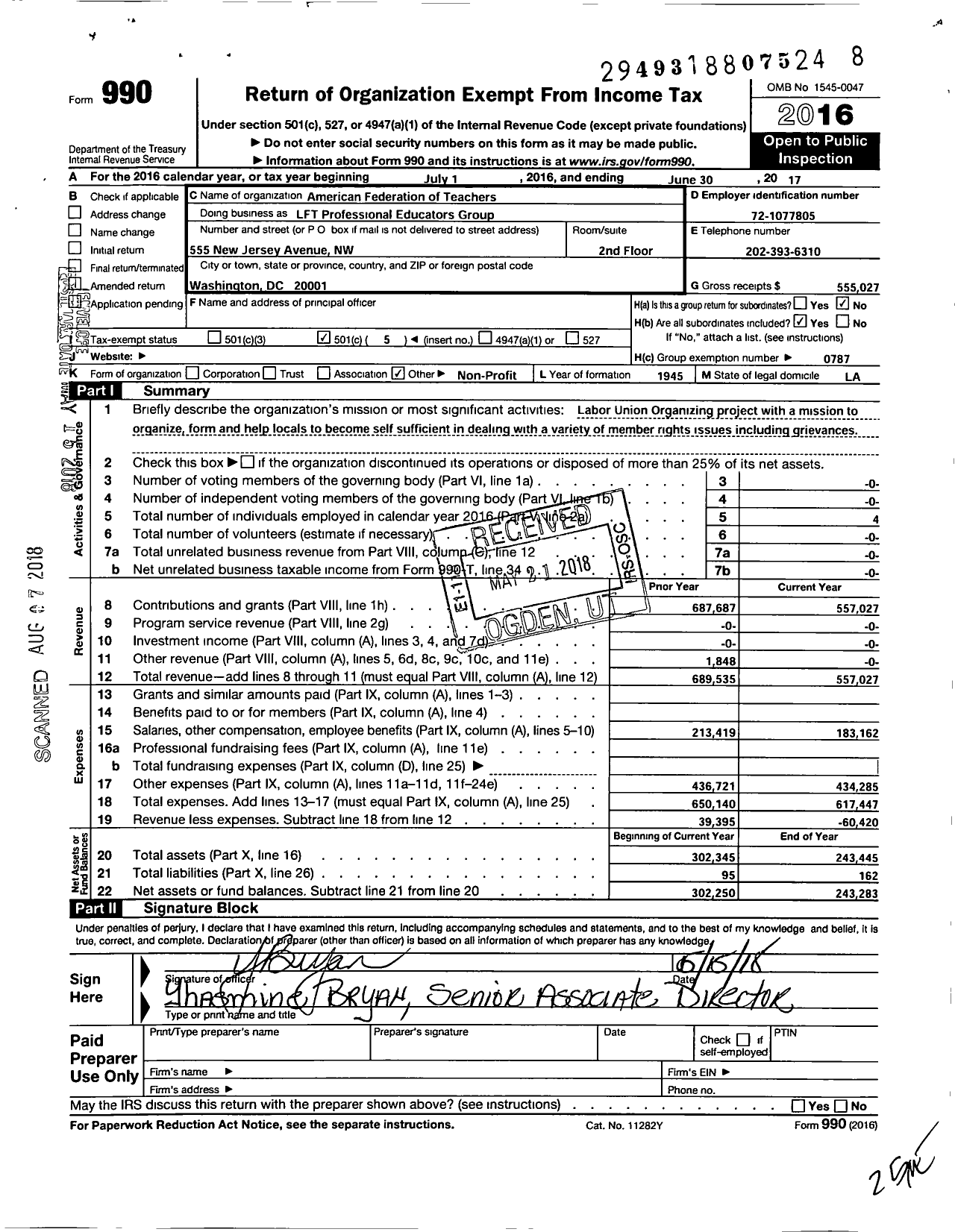 Image of first page of 2016 Form 990O for American Federation of Teachers