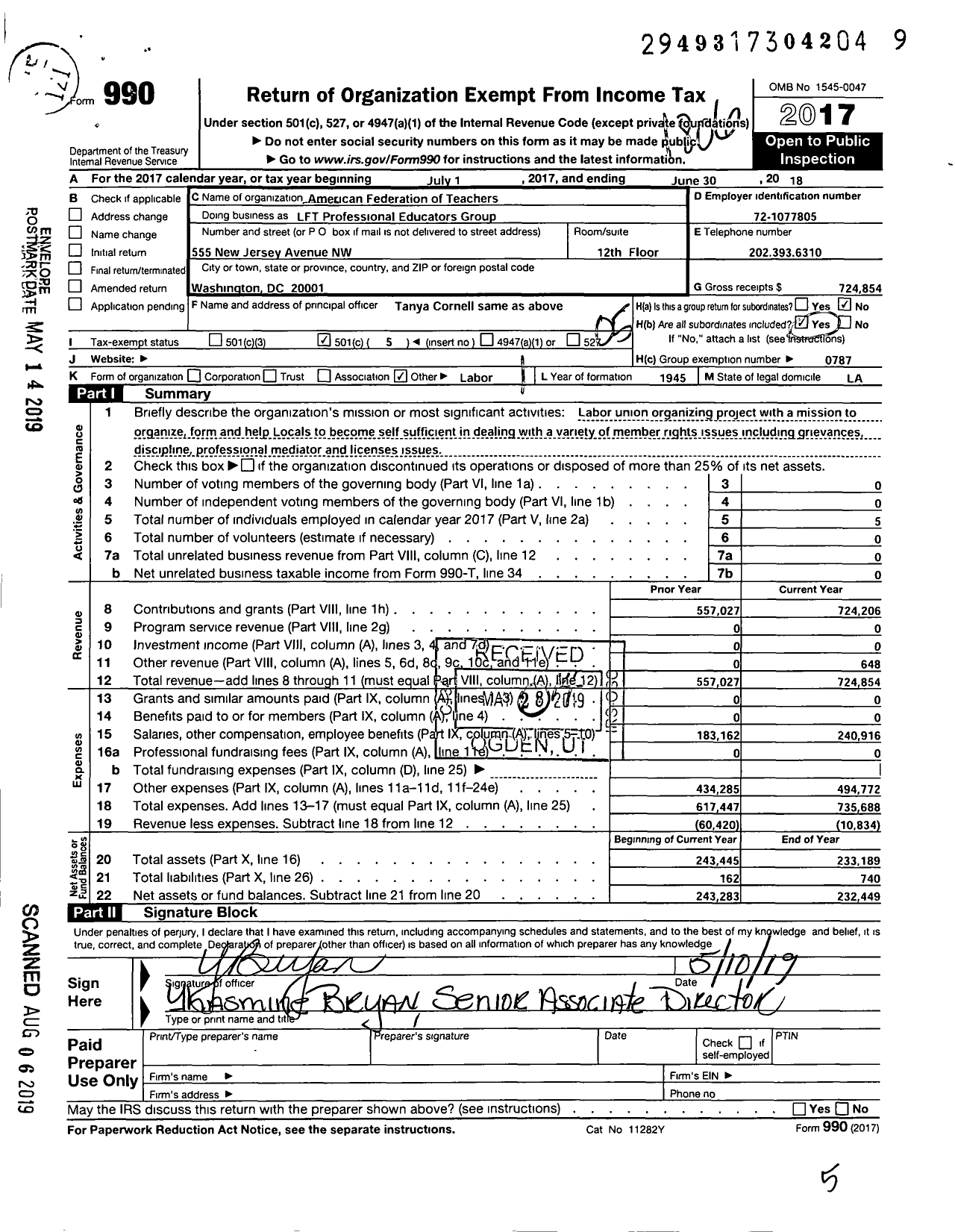 Image of first page of 2017 Form 990O for American Federation of Teachers