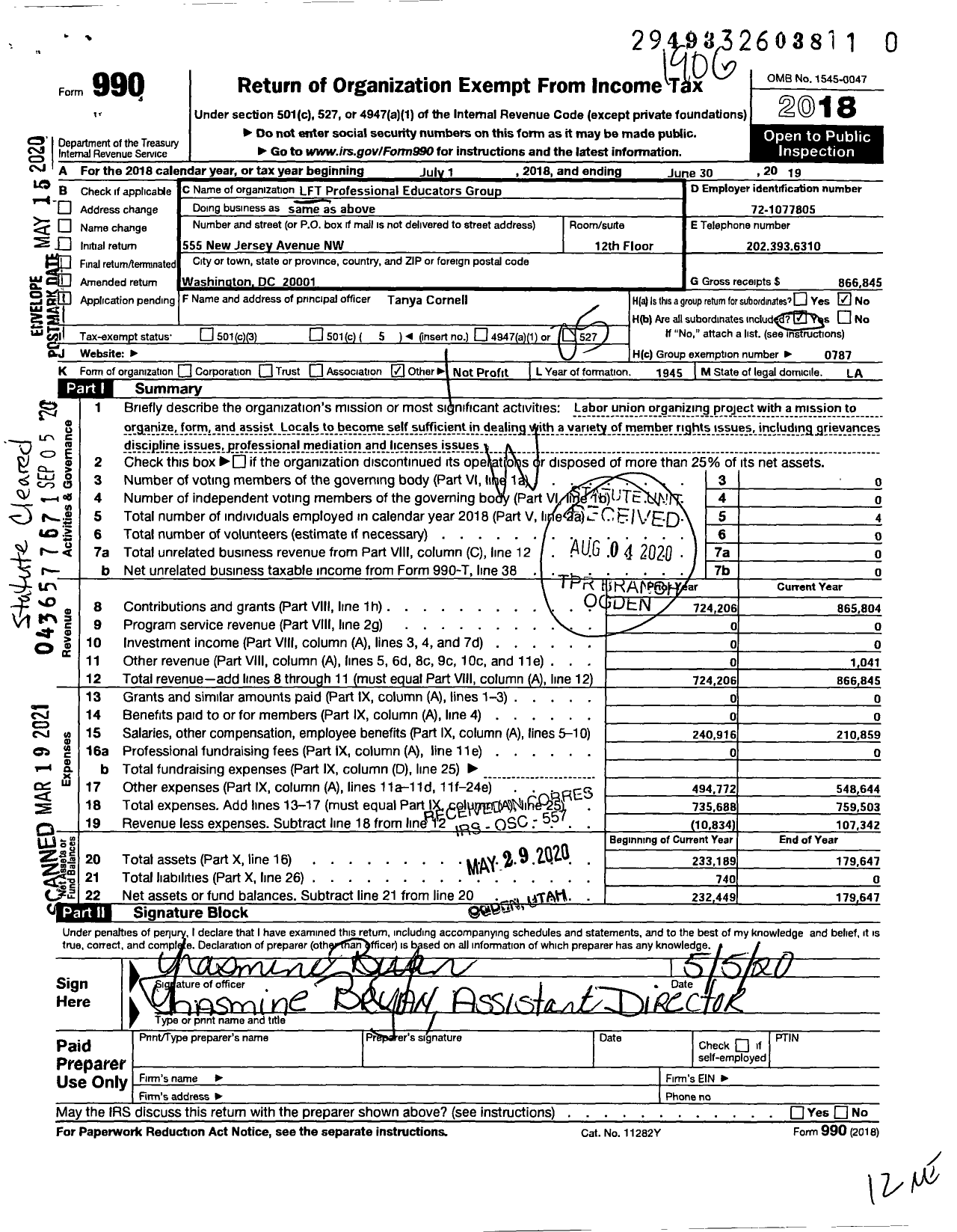 Image of first page of 2018 Form 990O for American Federation of Teachers