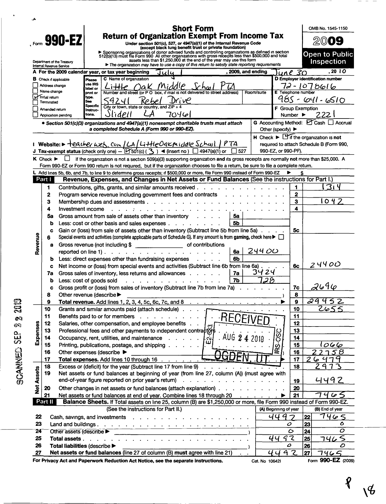 Image of first page of 2009 Form 990EZ for PTA Louisiana Congress / Little Oak Middle School PTA