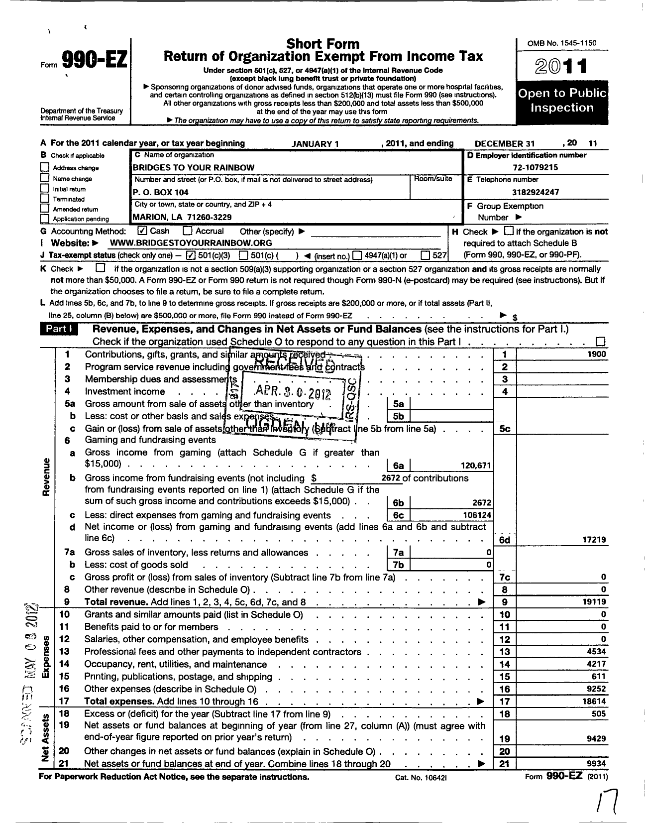 Image of first page of 2011 Form 990EZ for Bridges To Your Rainbow