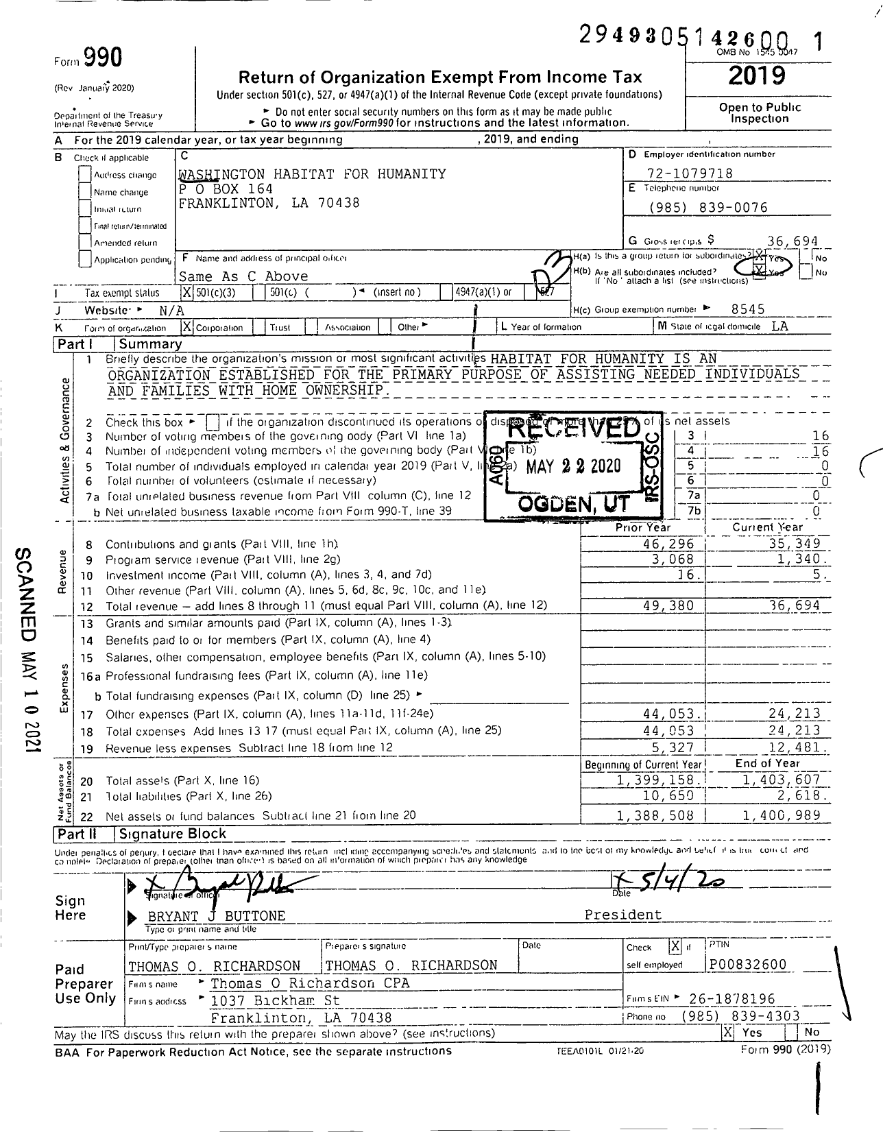 Image of first page of 2019 Form 990 for Washington Habitat for Humanity