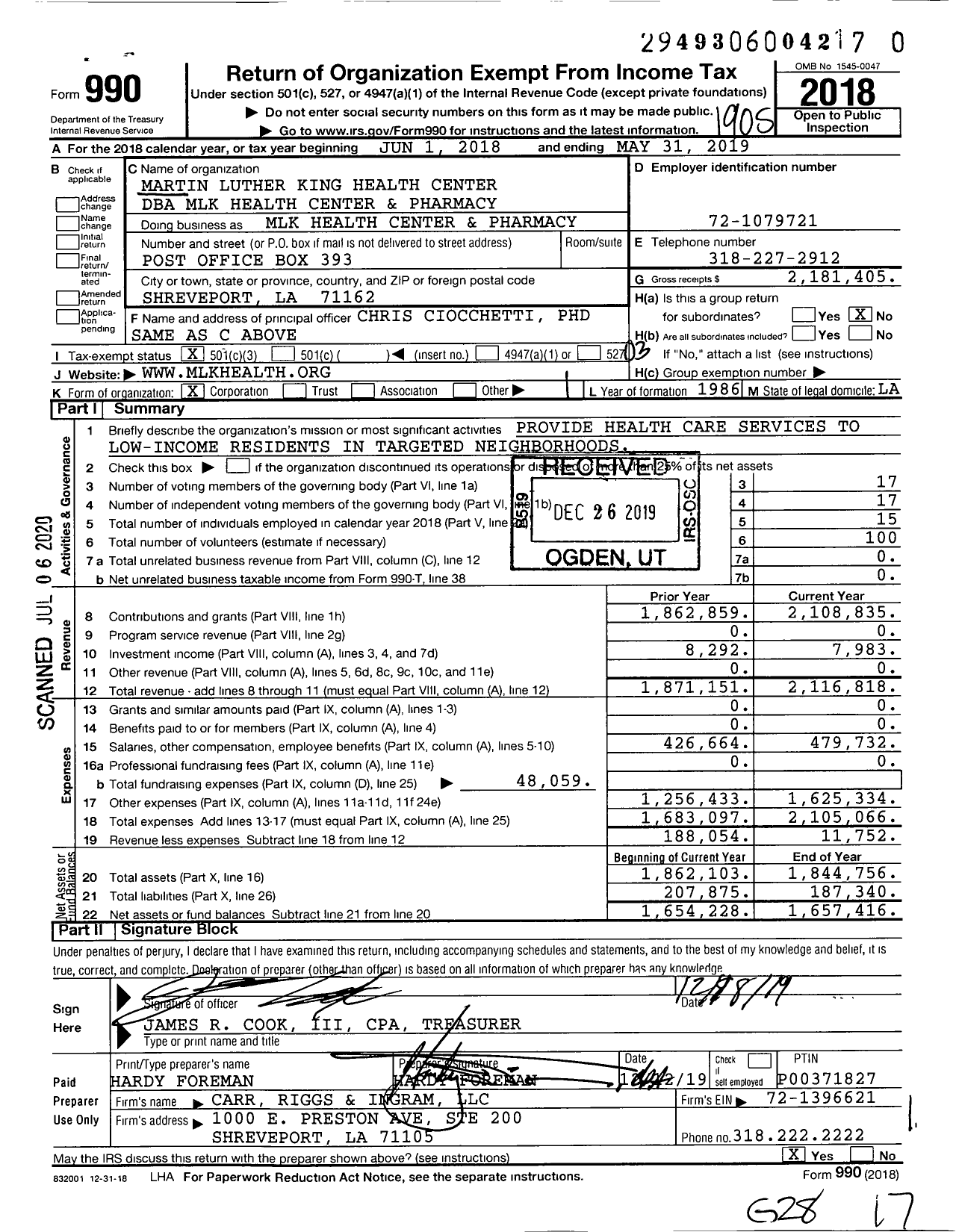 Image of first page of 2018 Form 990 for MLK Health Center and Pharmacy