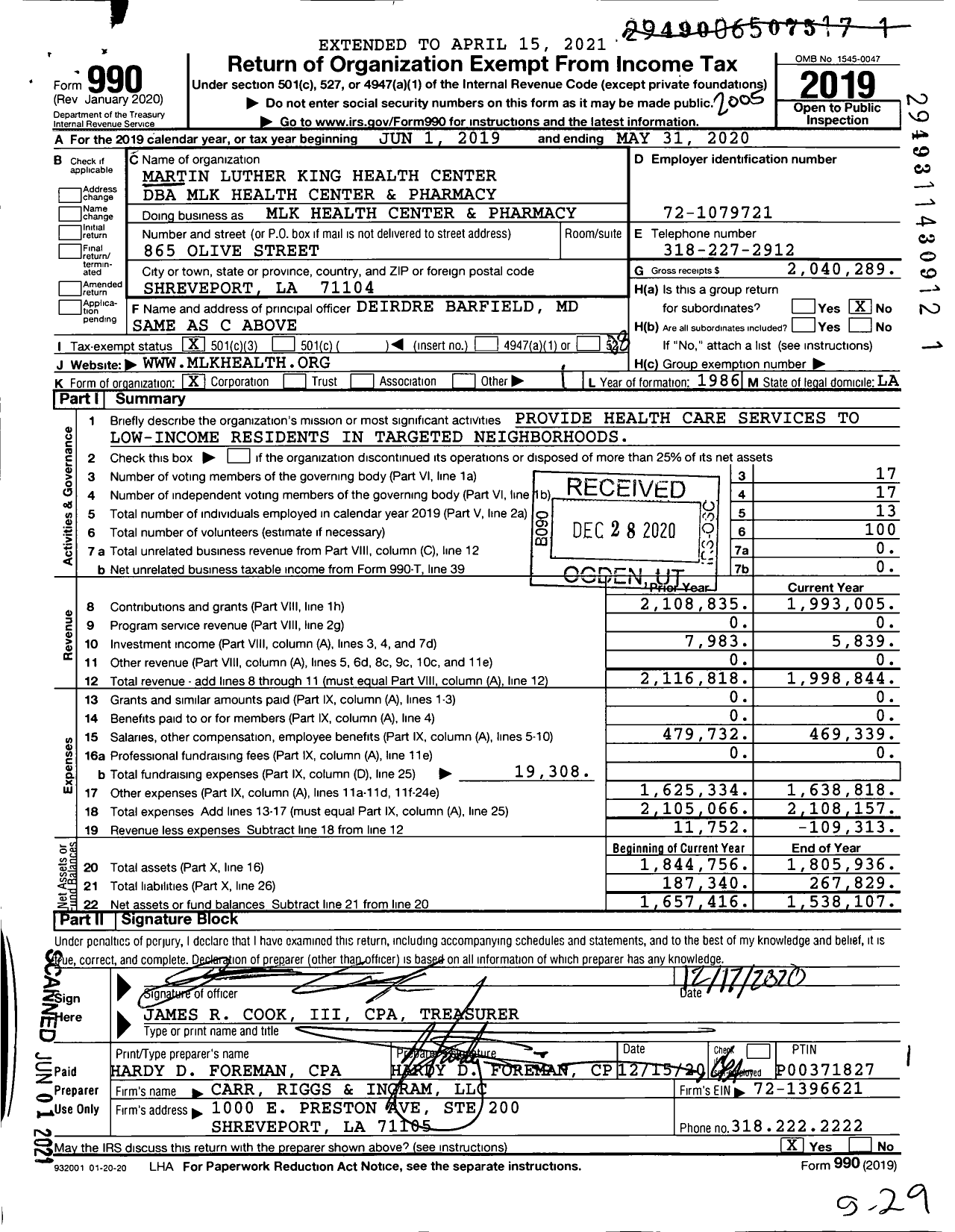 Image of first page of 2019 Form 990 for MLK Health Center and Pharmacy