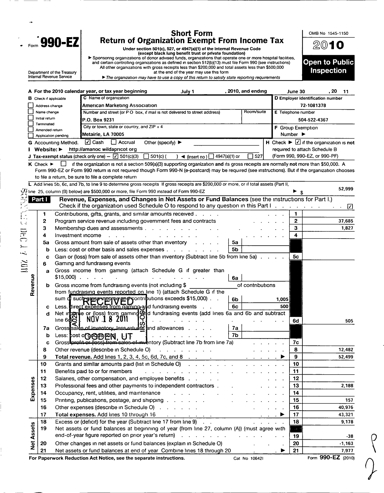 Image of first page of 2010 Form 990EZ for American Marketing Association / New Orleans Chapter