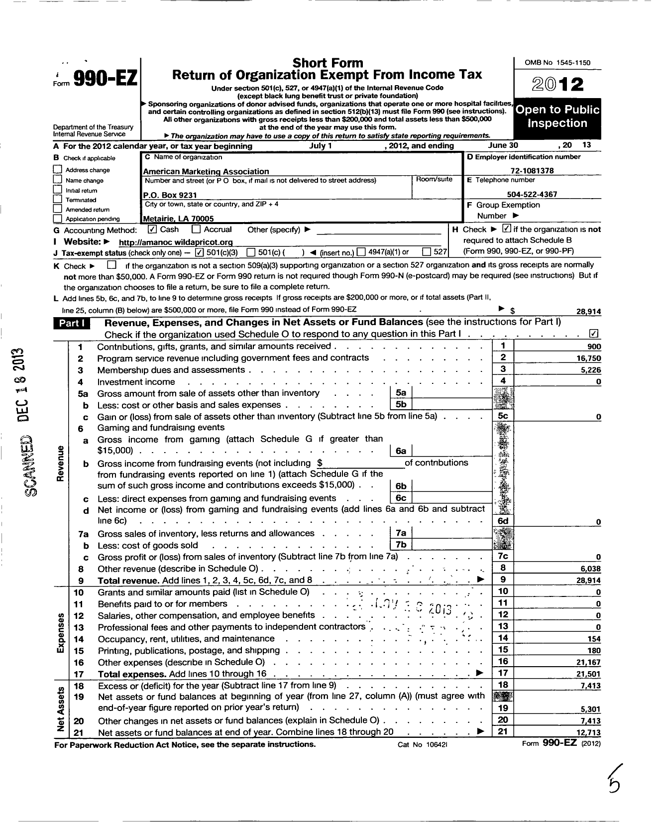 Image of first page of 2012 Form 990EZ for American Marketing Association / New Orleans Chapter