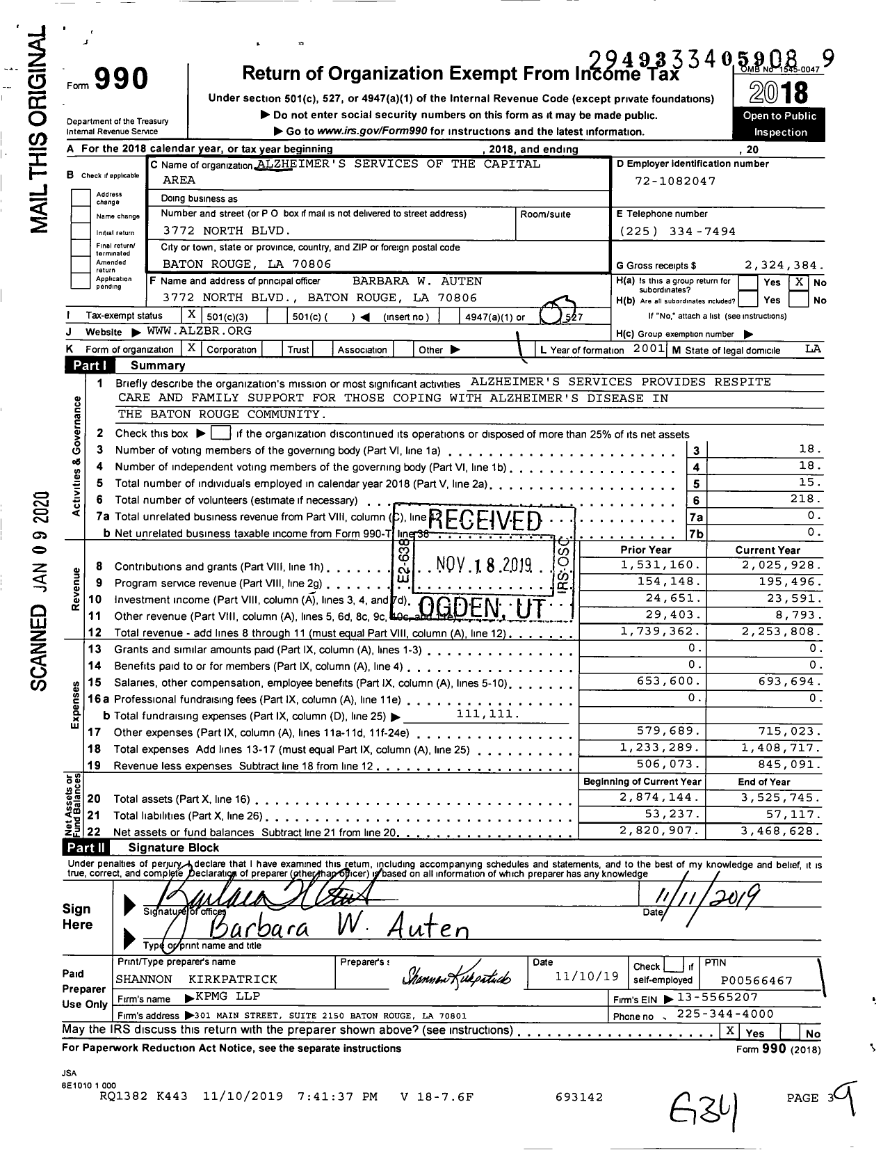 Image of first page of 2018 Form 990 for Alzheimer's Services of the Capital Area