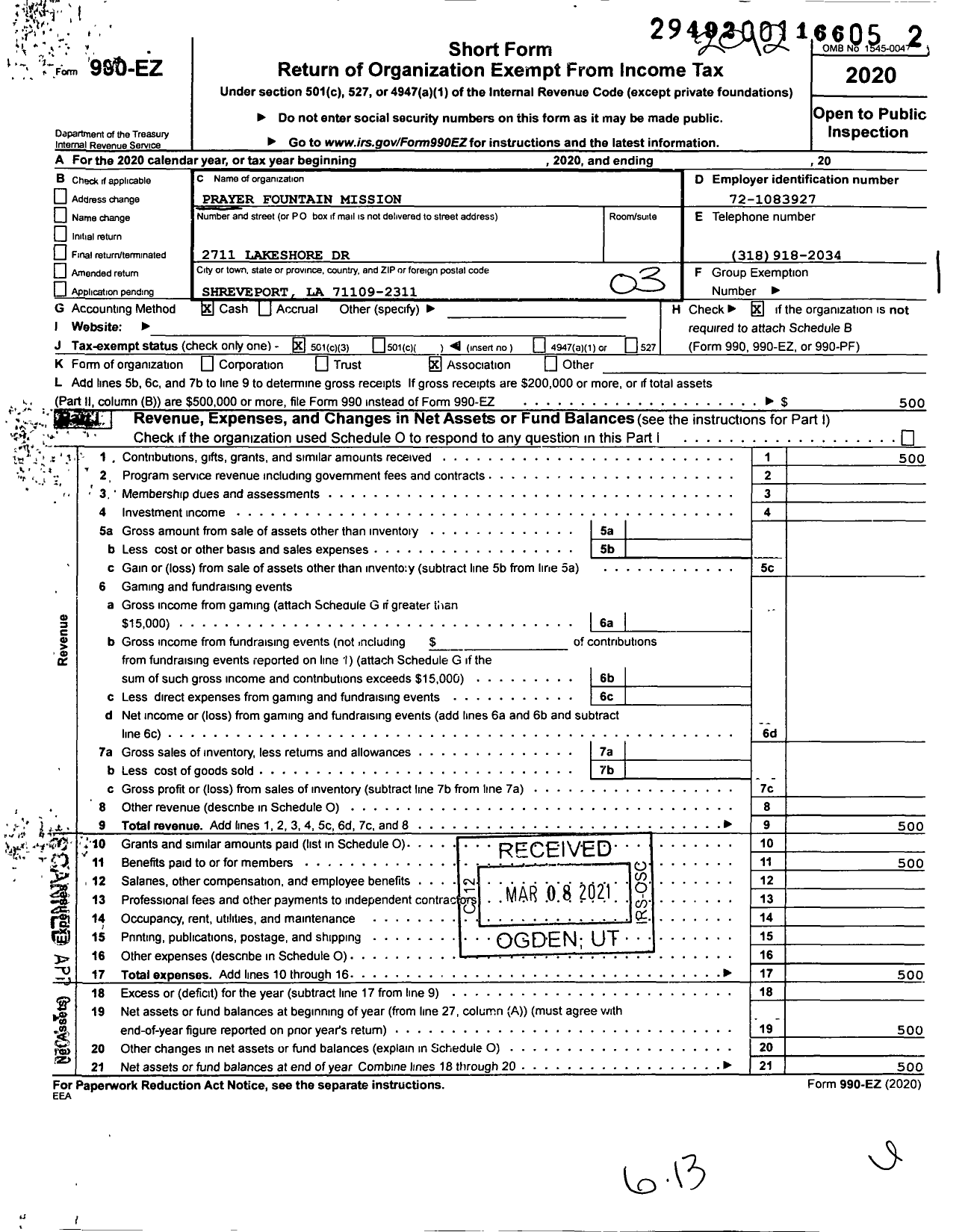 Image of first page of 2020 Form 990EZ for Prayer Fountain Mission